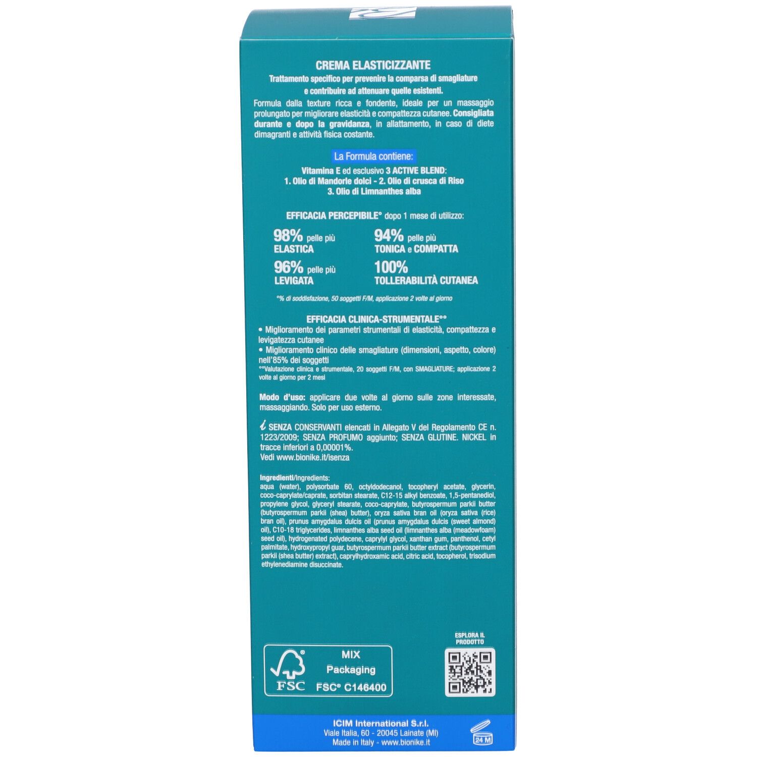 Rückseite der Schachtel. Textinformationen, Inhaltsstoffe, Herstellerangaben. Marke BioNike. Enthält 300 ml.
