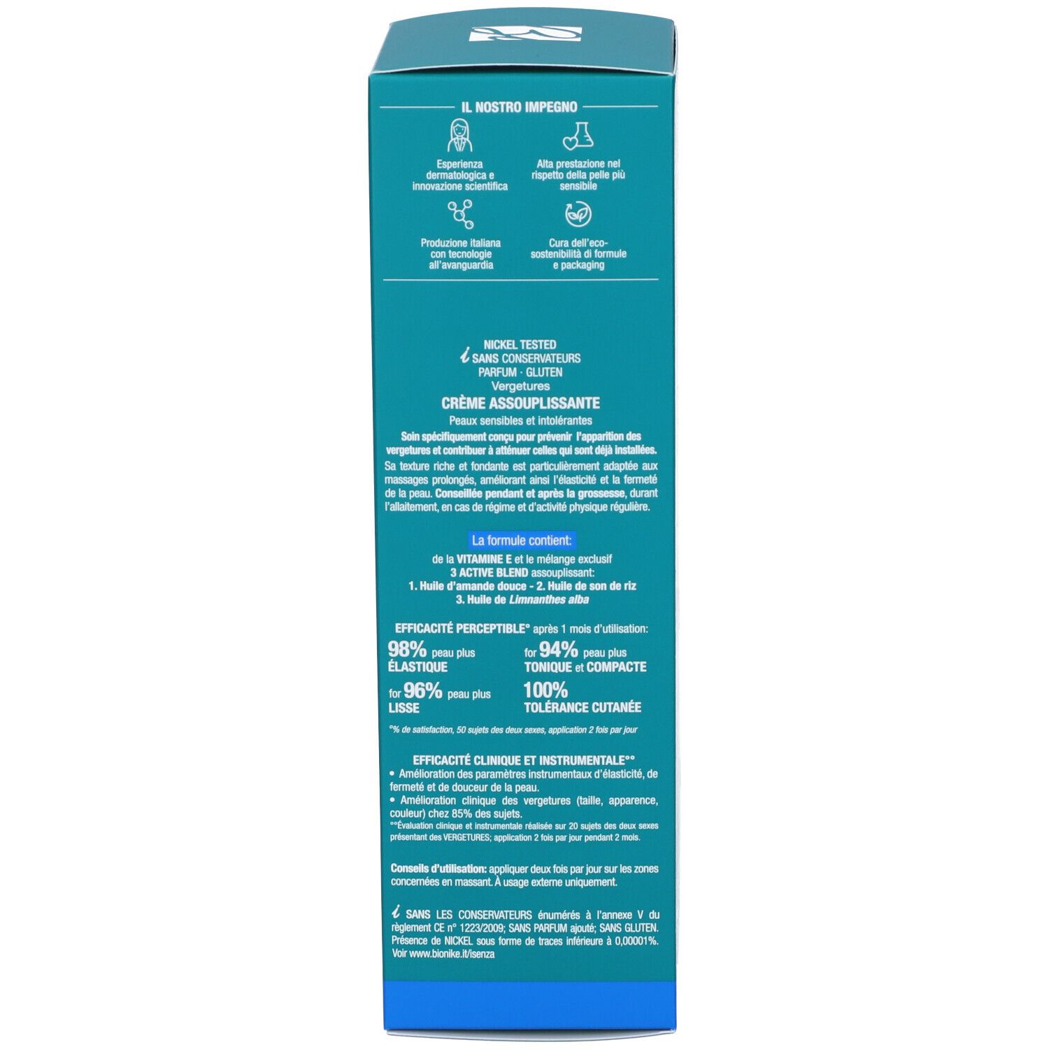 Rückseite der Schachtel. Textinformationen, Inhaltsstoffe, Herstellerangaben. Marke BioNike. Enthält 300 ml.