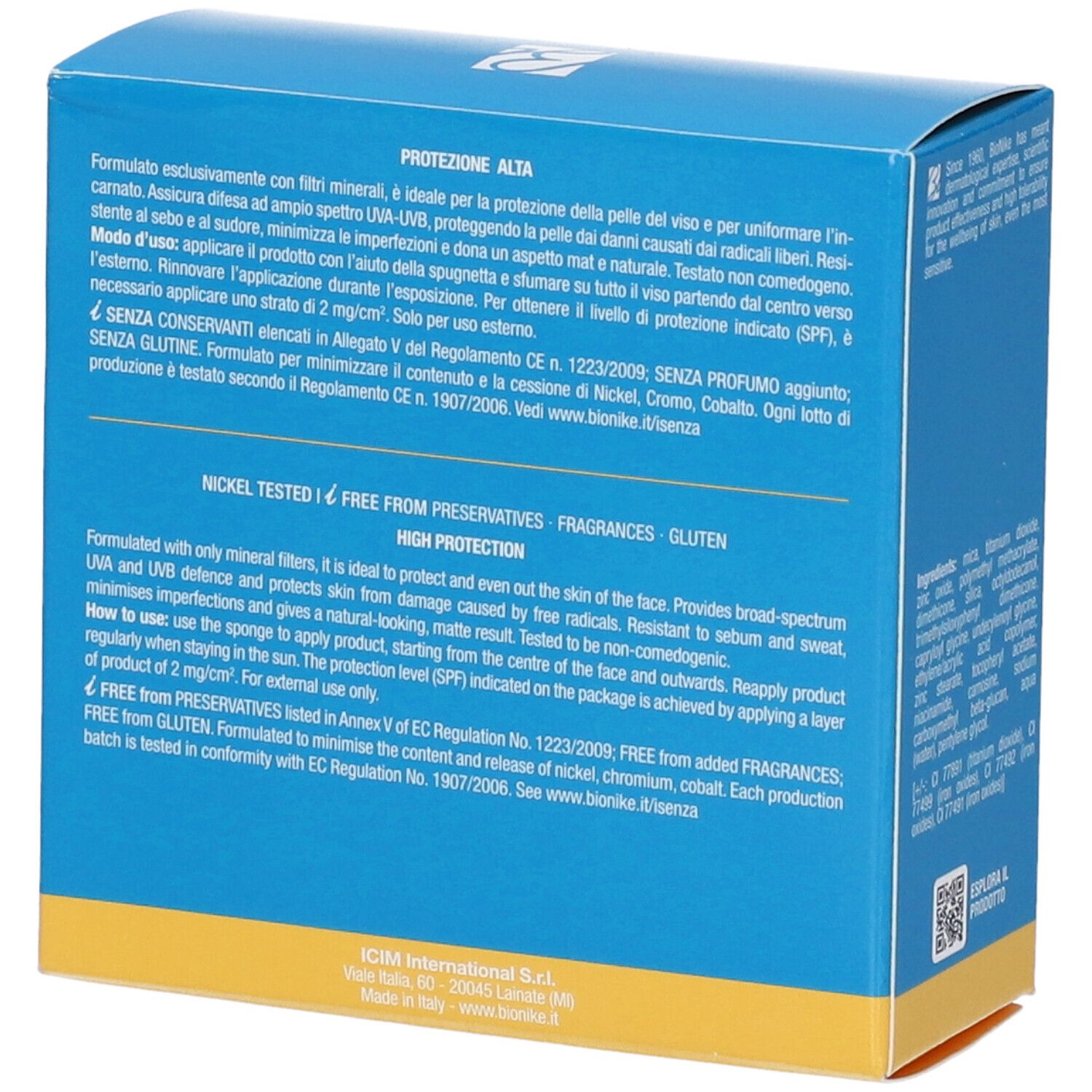 Blaue Verpackung mit Textinformationen zu Sonnenschutz für das Gesicht, mit Hinweisen zu Inhaltsstoffen und Anwendung.