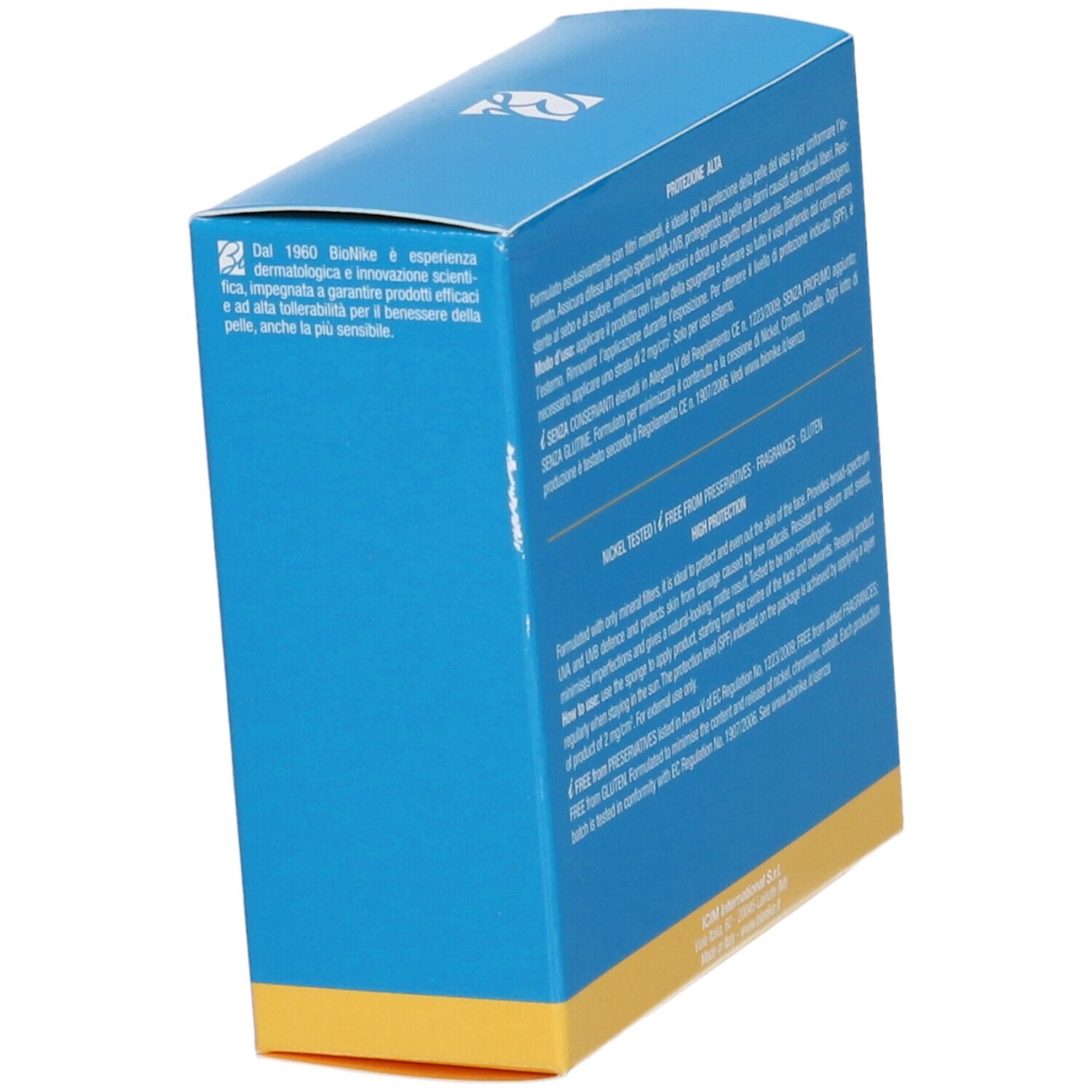 Blaue und gelbe Verpackungsbox mit Textaufdruck.