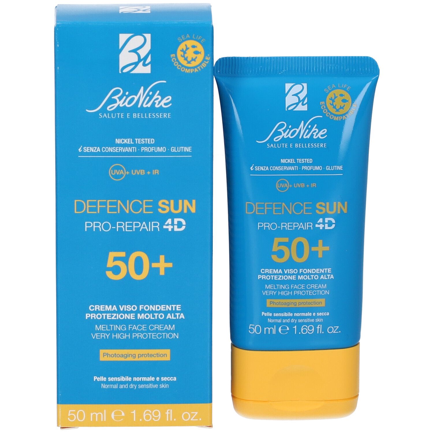Produktverpackung: blaue Schachtel und Tube. Aufschrift: Defence Sun 50+. Marke: Bionike.