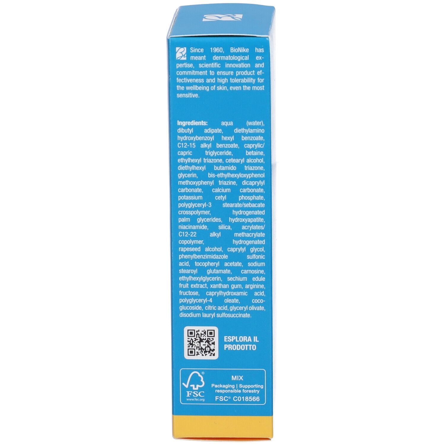 Seite der blauen Schachtel. Enthält Inhaltsstoffe und QR-Code. FSC-Zertifizierung.