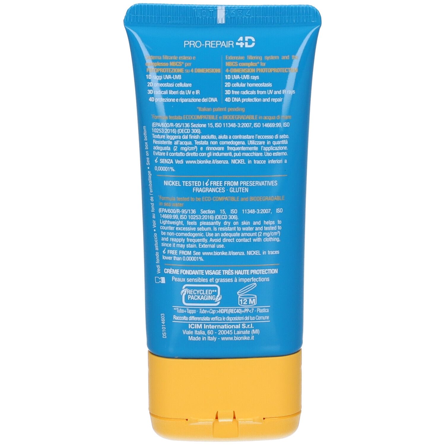 Rückseite der blauen Tube. Text: Pro-Repair 4D, Inhaltsstoffe, Nickel Tested, Eco-Compatible, recycelte Verpackung.