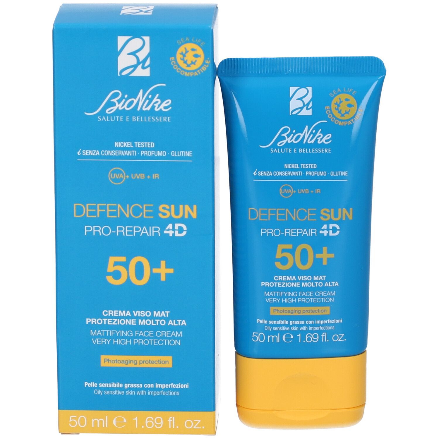 Produktverpackung: blaue Schachtel und Tube. Aufschrift: Bionike, Defence Sun 50+, Crema Viso Mat. Nickel Tested.