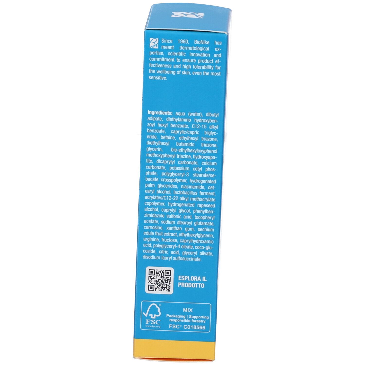 Seite der blauen Schachtel. Text: Inhaltsstoffe, FSC-Zertifizierung, QR-Code, Informationen zu Bionike.
