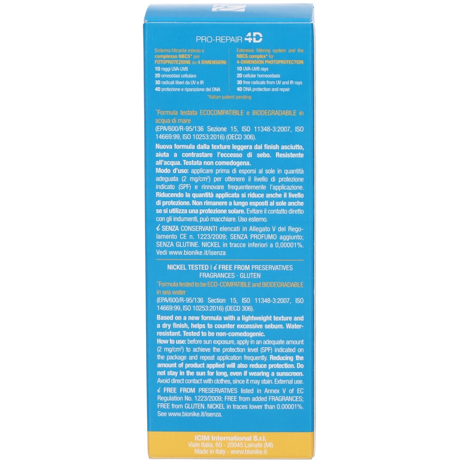 Rückseite der blauen Schachtel. Text: Pro-Repair 4D, Inhaltsstoffe, Nickel Tested, Eco-Compatible, recycelte Verpackung.