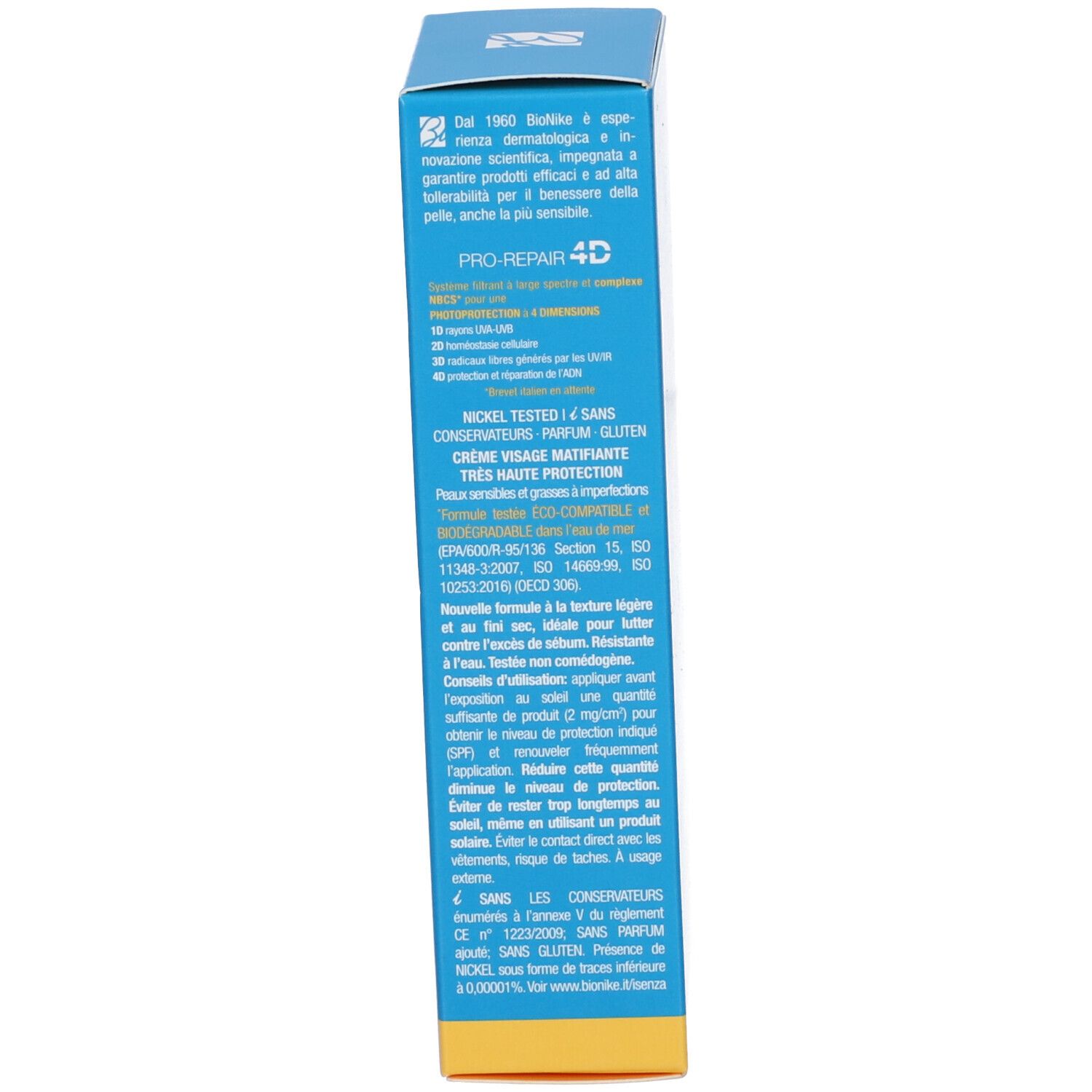Seite der blauen Schachtel. Text: Informationen zu Bionike, Pro-Repair 4D, Nickel Tested, Eco-Compatible.