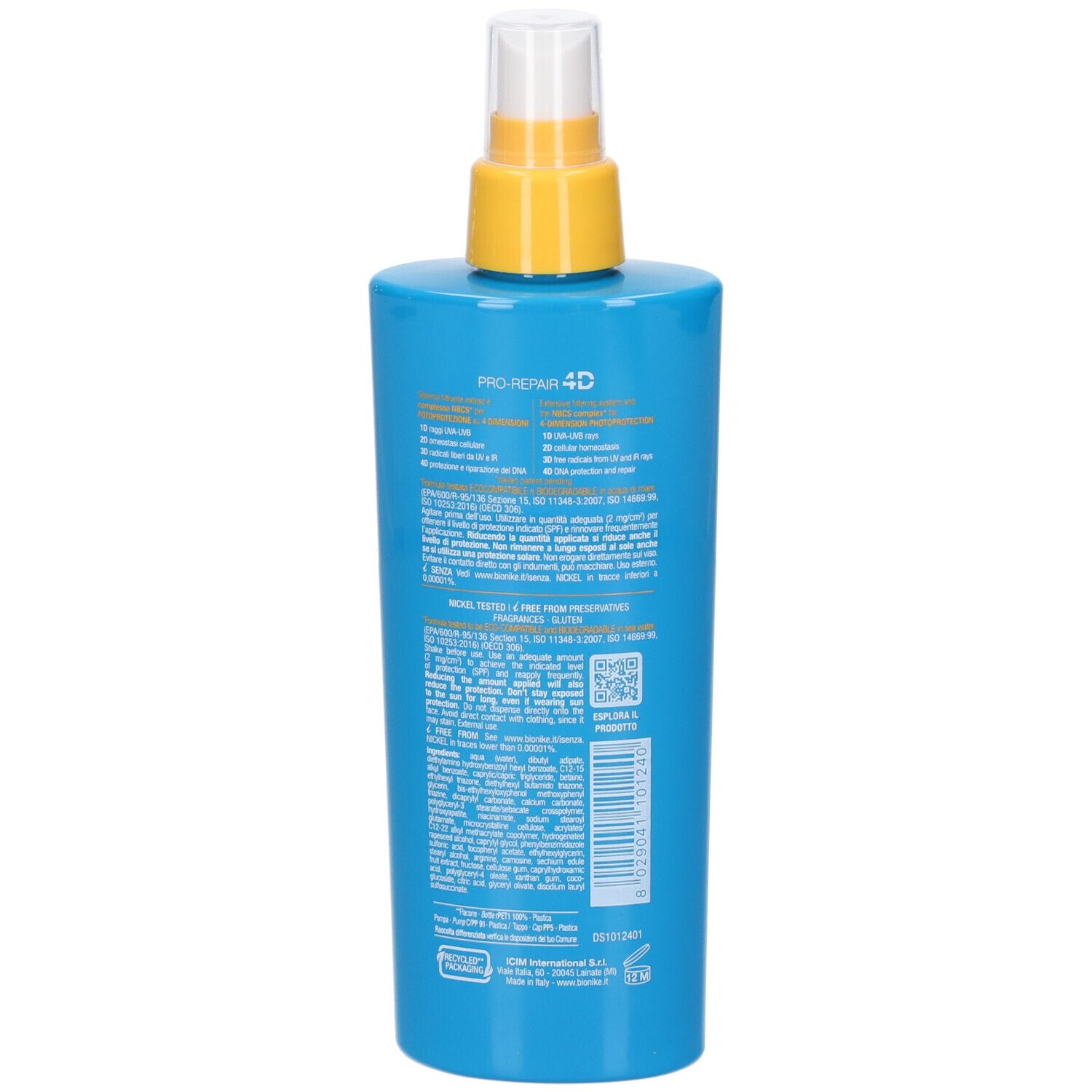 Rückseite der blauen Sprayflasche. Textinformationen und Barcode. Gelber Sprühkopf.