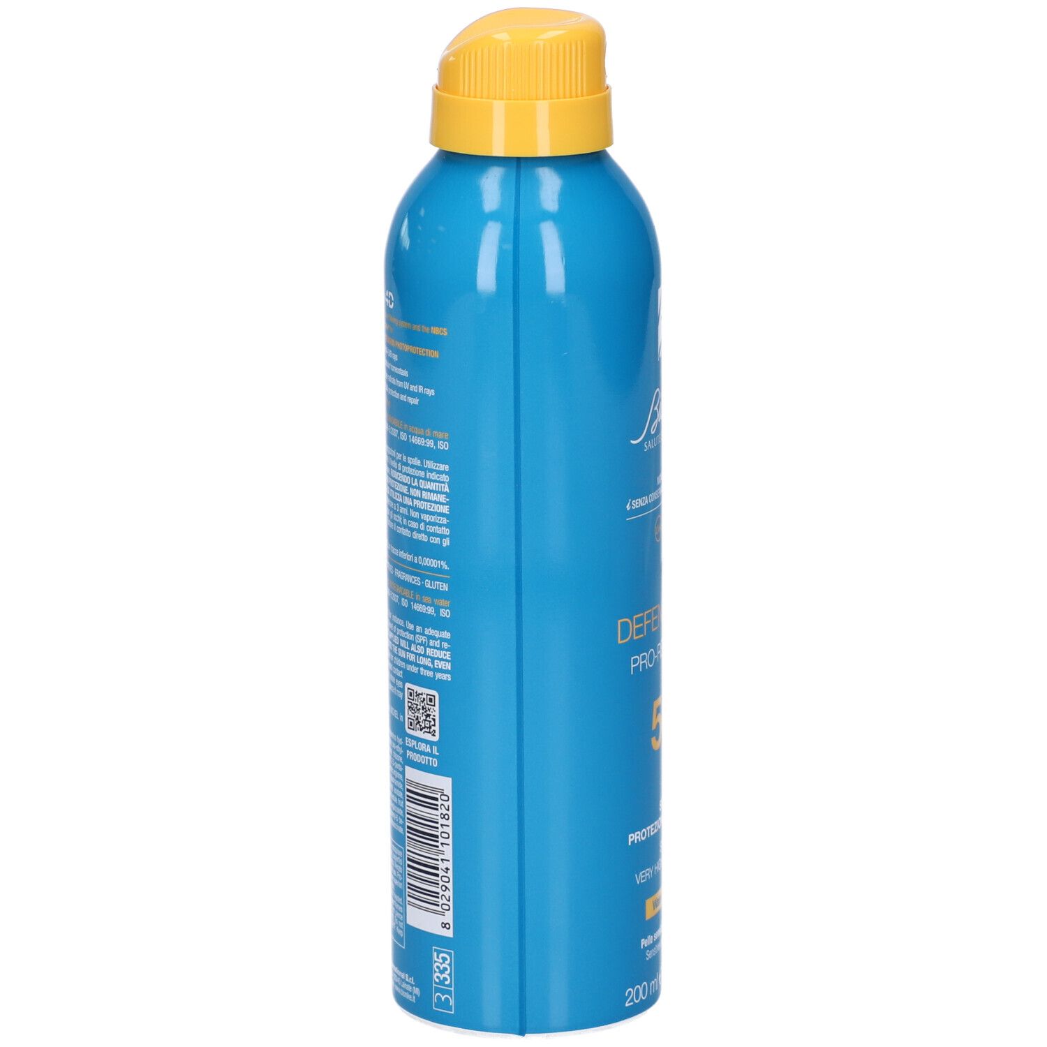 Blaue Spraydose mit gelbem Sprühkopf. Aufschrift und QR-Code auf der Seite.