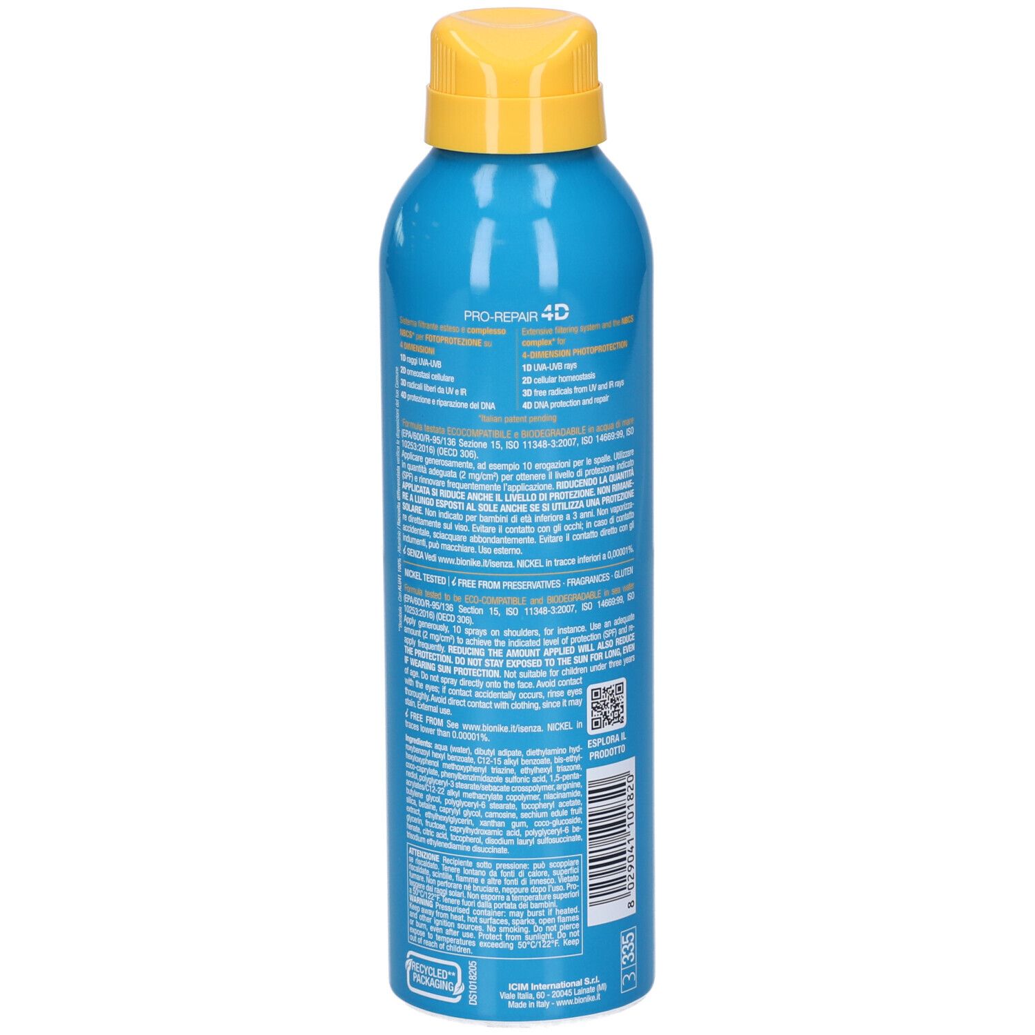Blaue Spraydose mit gelbem Sprühkopf. Rückseite mit Text und QR-Code.