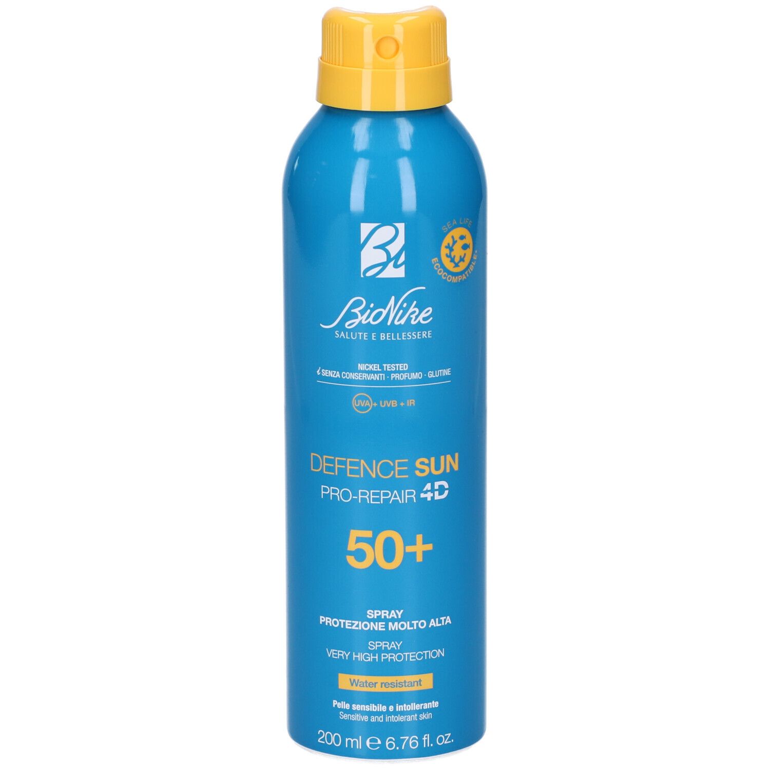 Blaue Spraydose mit gelbem Sprühkopf. Aufschrift: Bionike, Defence Sun 50+, Schutz. 200 ml.