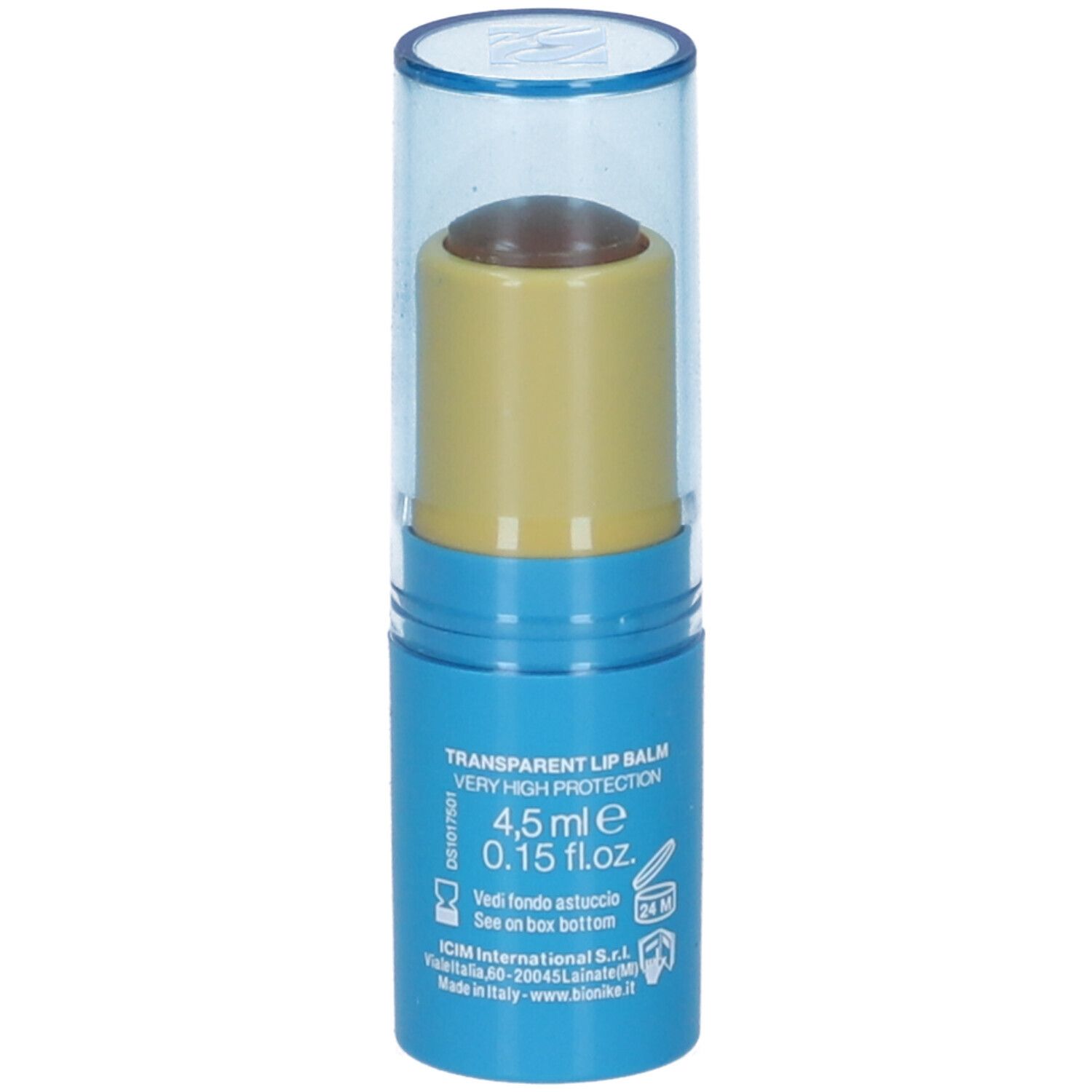Blauer Lippenpflegestift mit transparenter Kappe. Aufschrift: Transparent Lip Balm. 4,5 ml.