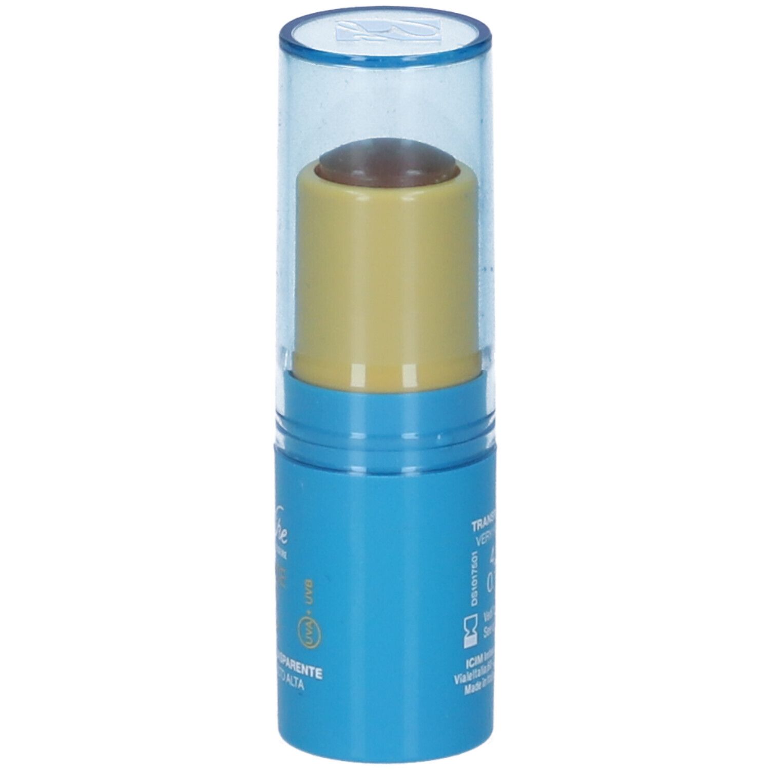 Blauer Lippenpflegestift mit transparenter Kappe. Aufschrift: Defence Sun 50+. Schutz vor Sonne.