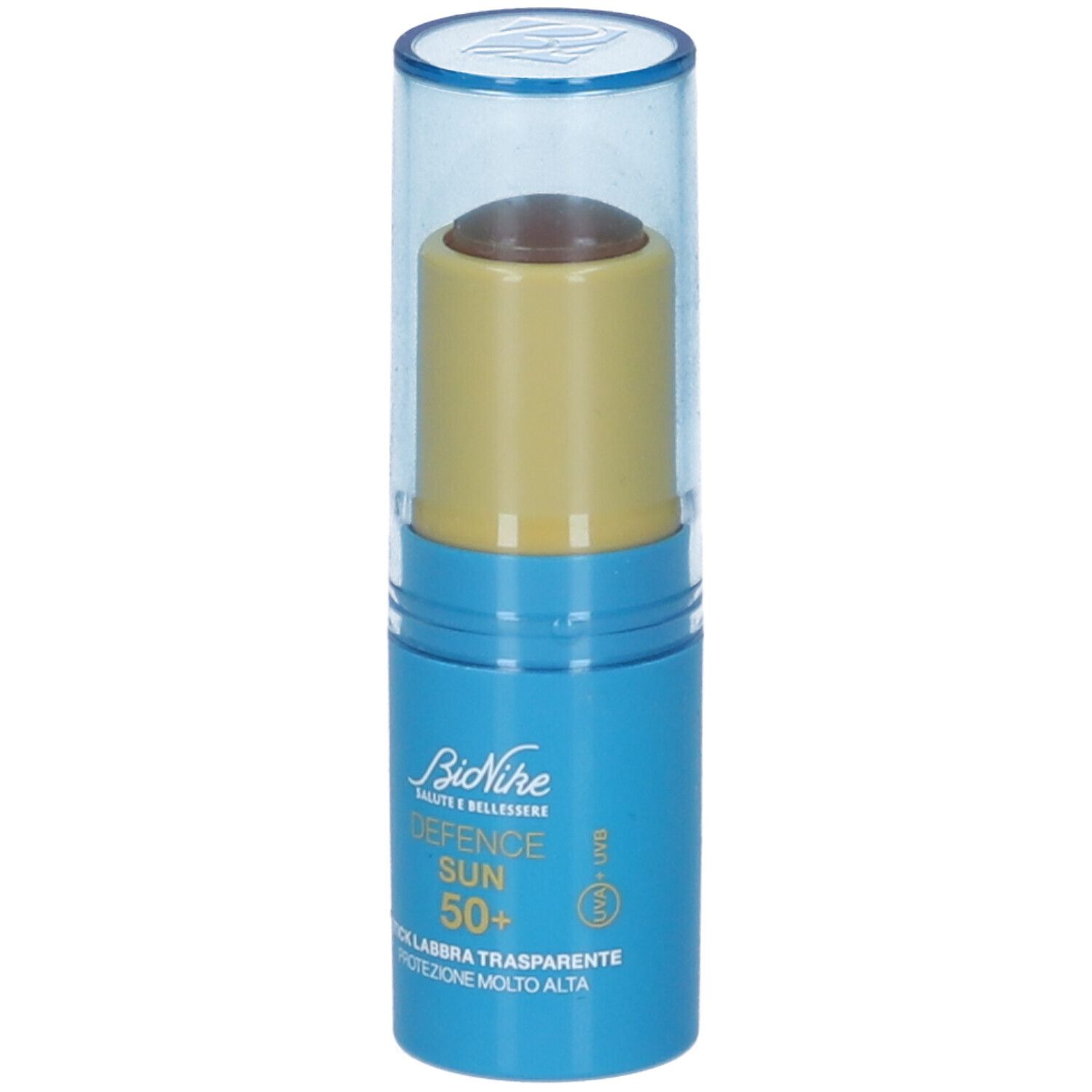 Blauer Lippenpflegestift mit transparenter Kappe. Aufschrift: Defence Sun 50+. Schutz vor Sonne.