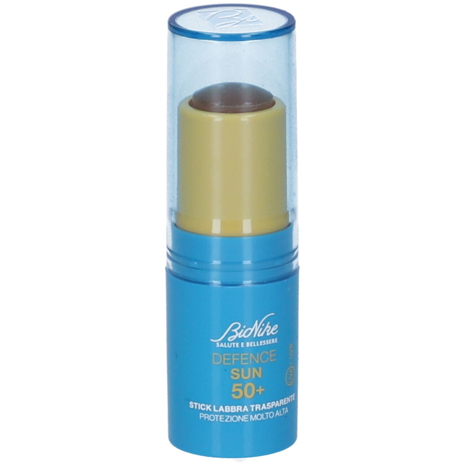 Blauer Lippenpflegestift mit transparenter Kappe. Aufschrift: Defence Sun 50+. Schutz vor Sonne.
