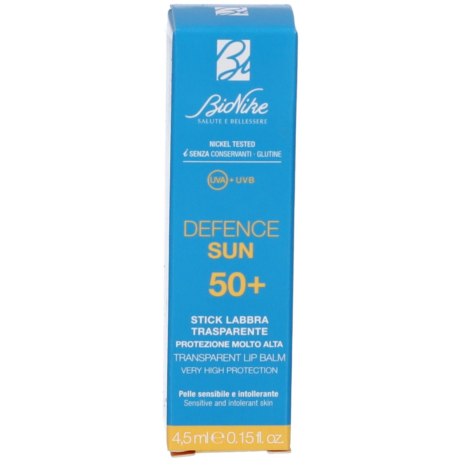 Blaue Schachtel mit Aufschrift: Defence Sun 50+. Transparent Lip Balm. 4,5 ml.