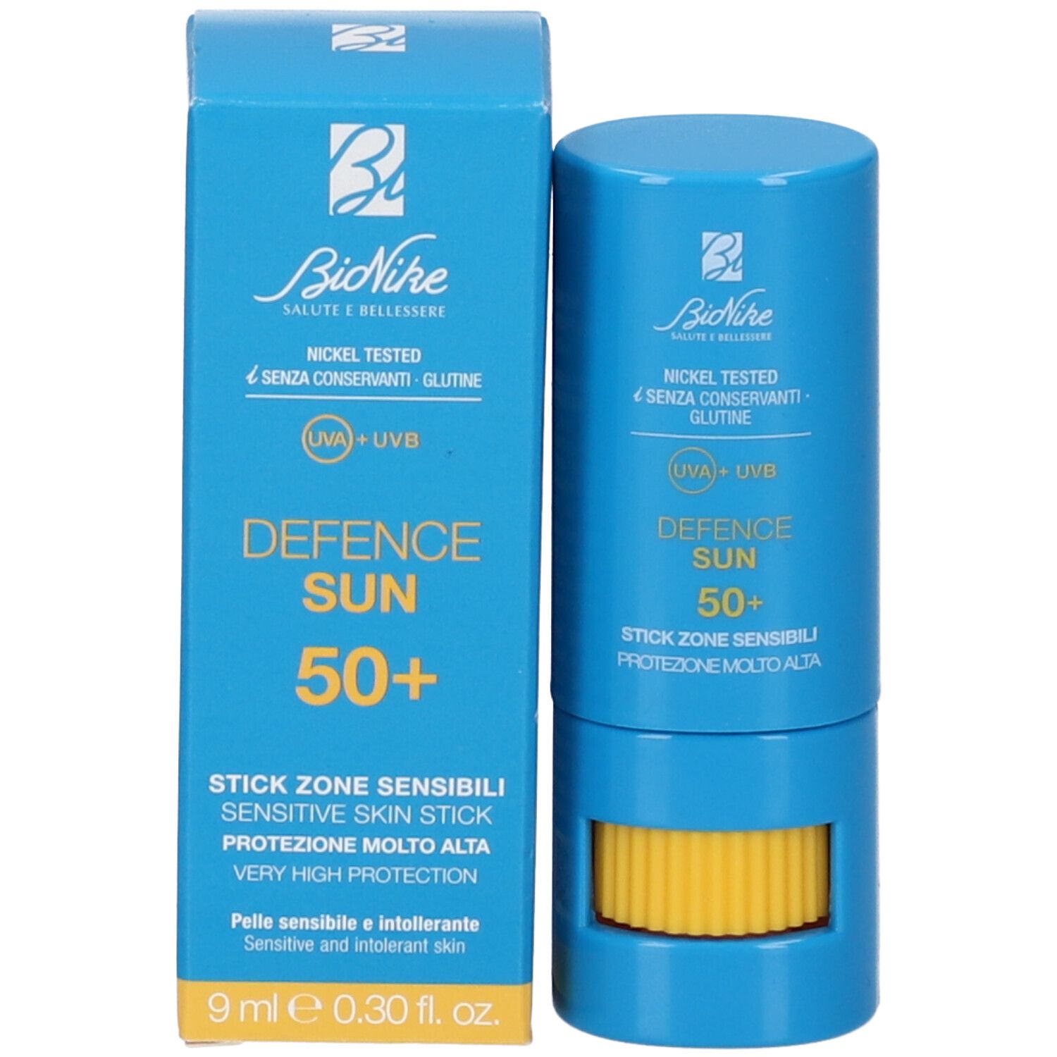 Sonnenschutz-Stick und Verpackung. Aufschrift: Defence Sun 50+ Stick Zone Sensibili. Verpackung: 9 ml, 0.30 fl. oz.