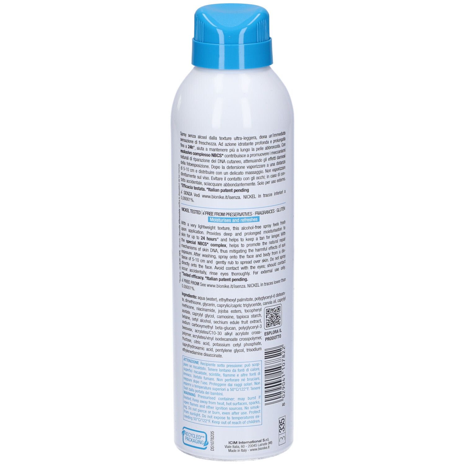 Weißes Spraydose mit blauem Deckel. Text und Inhaltsstoffe auf der Seite. QR-Code und Barcode.