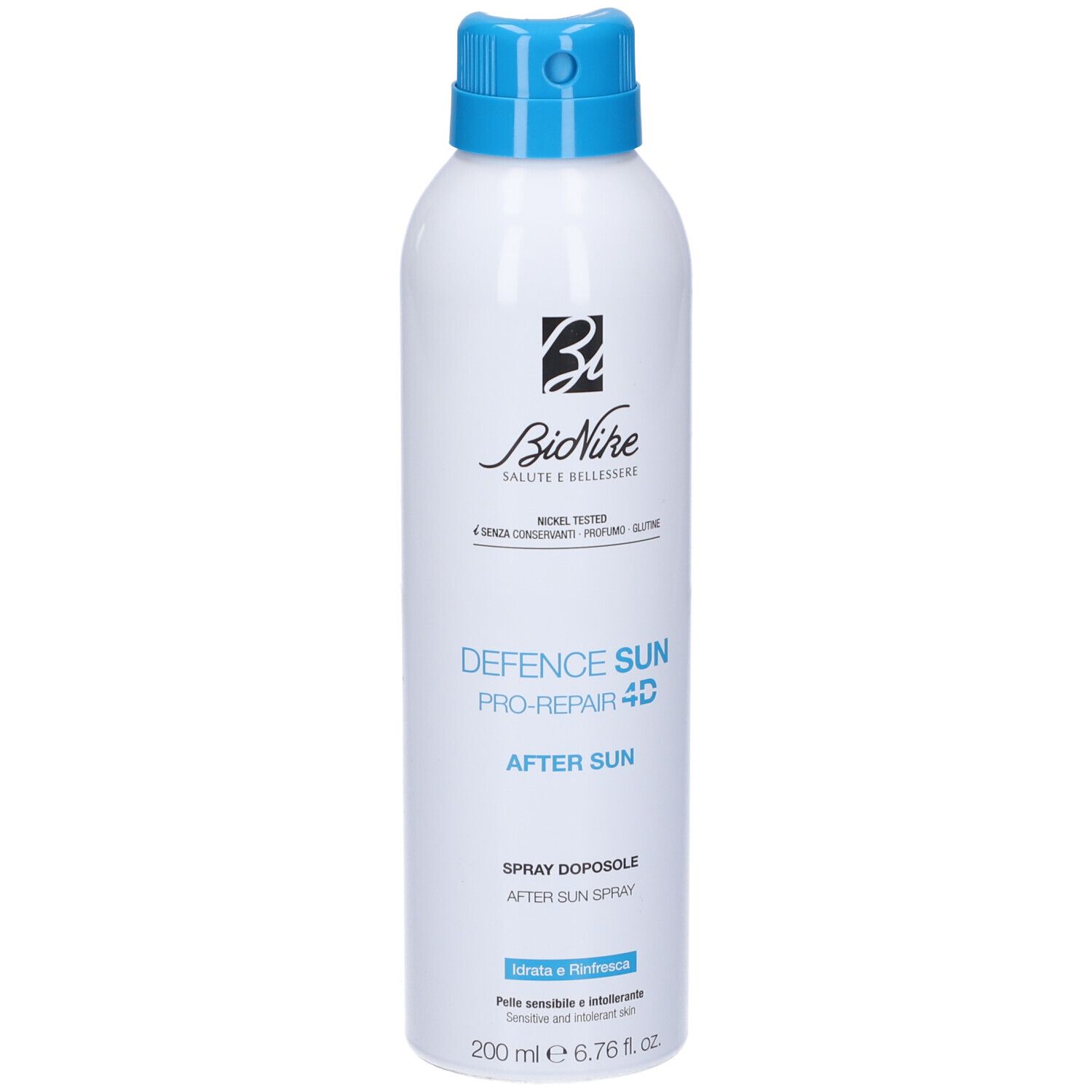 Weißes Spraydose mit blauem Deckel. Aufschrift: BioNike Defence Sun Pro-Repair 4D After Sun. 200 ml.
