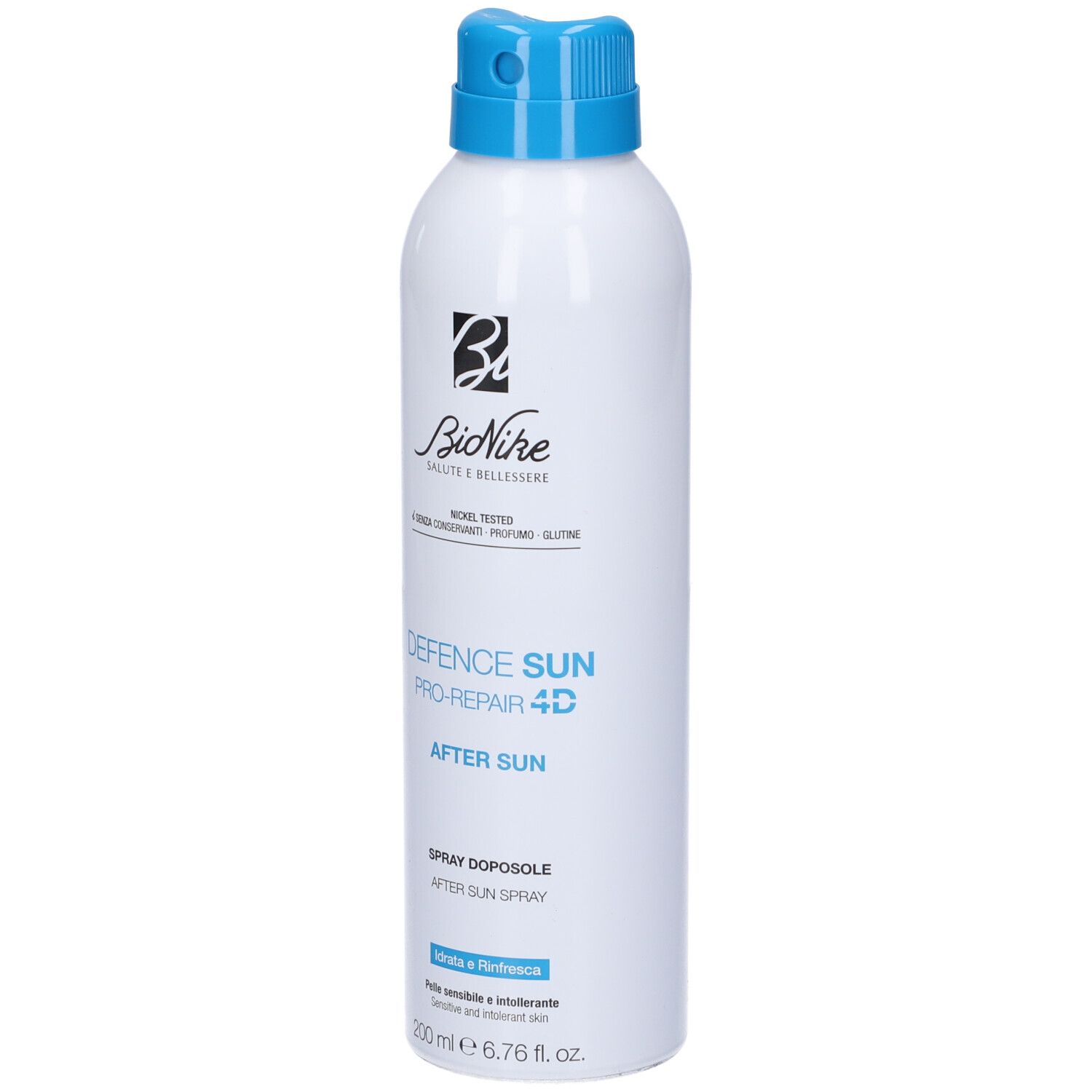 Weißes Spraydose mit blauem Deckel. Aufschrift: BioNike Defence Sun Pro-Repair 4D After Sun. 200 ml.