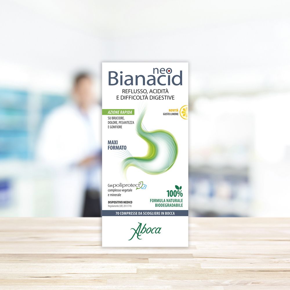 Produktverpackung "neo Bianacid". Text: Reflux, Säure, Verdauungsbeschwerden. Hintergrund: verschwommene Person.