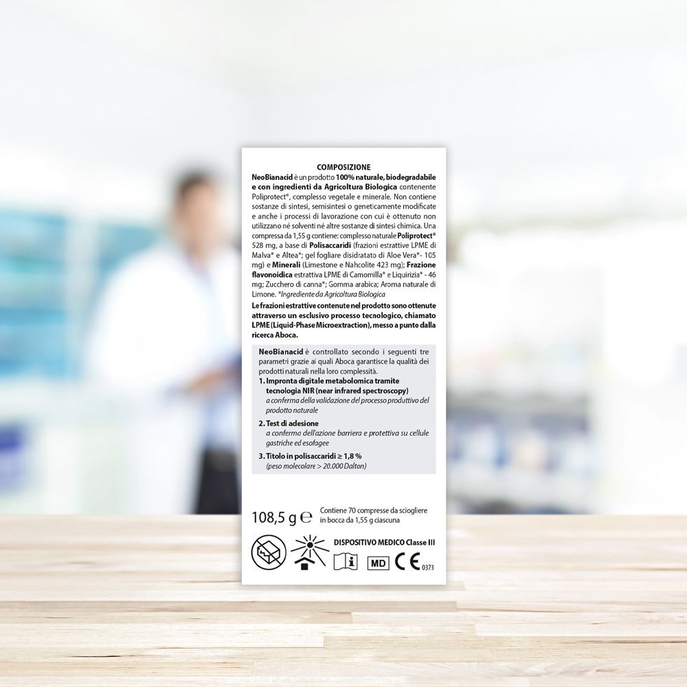 Rückseite der "neo Bianacid"-Verpackung. Text über Indikationen und Anwendung. Logo: glutenfrei.