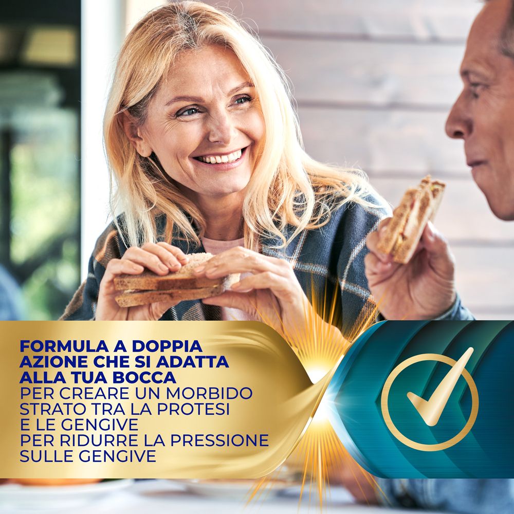 Frau und Mann essen. Text: Formula a doppia azione...per ridurre la pressione.