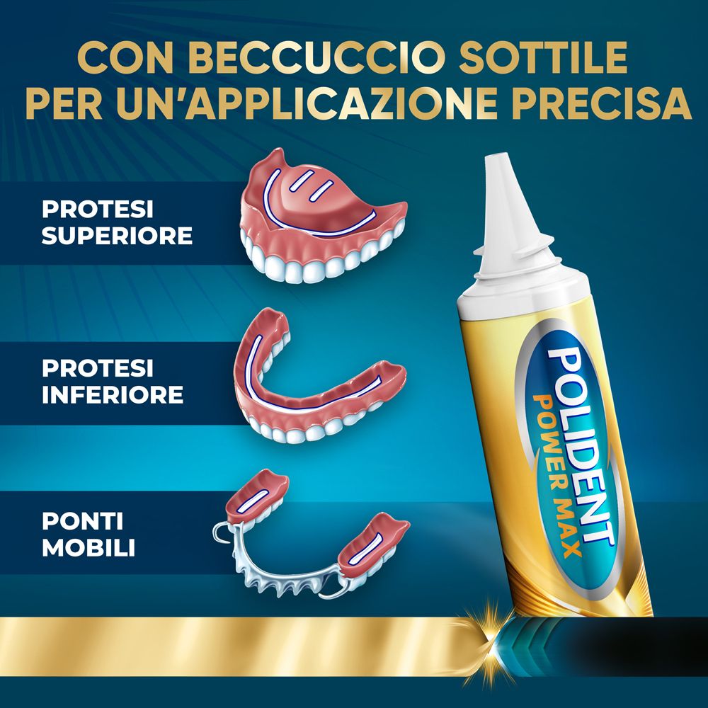 Zahnprothesen und Tube. Text: Con beccuccio sottile...Polident Power Max.