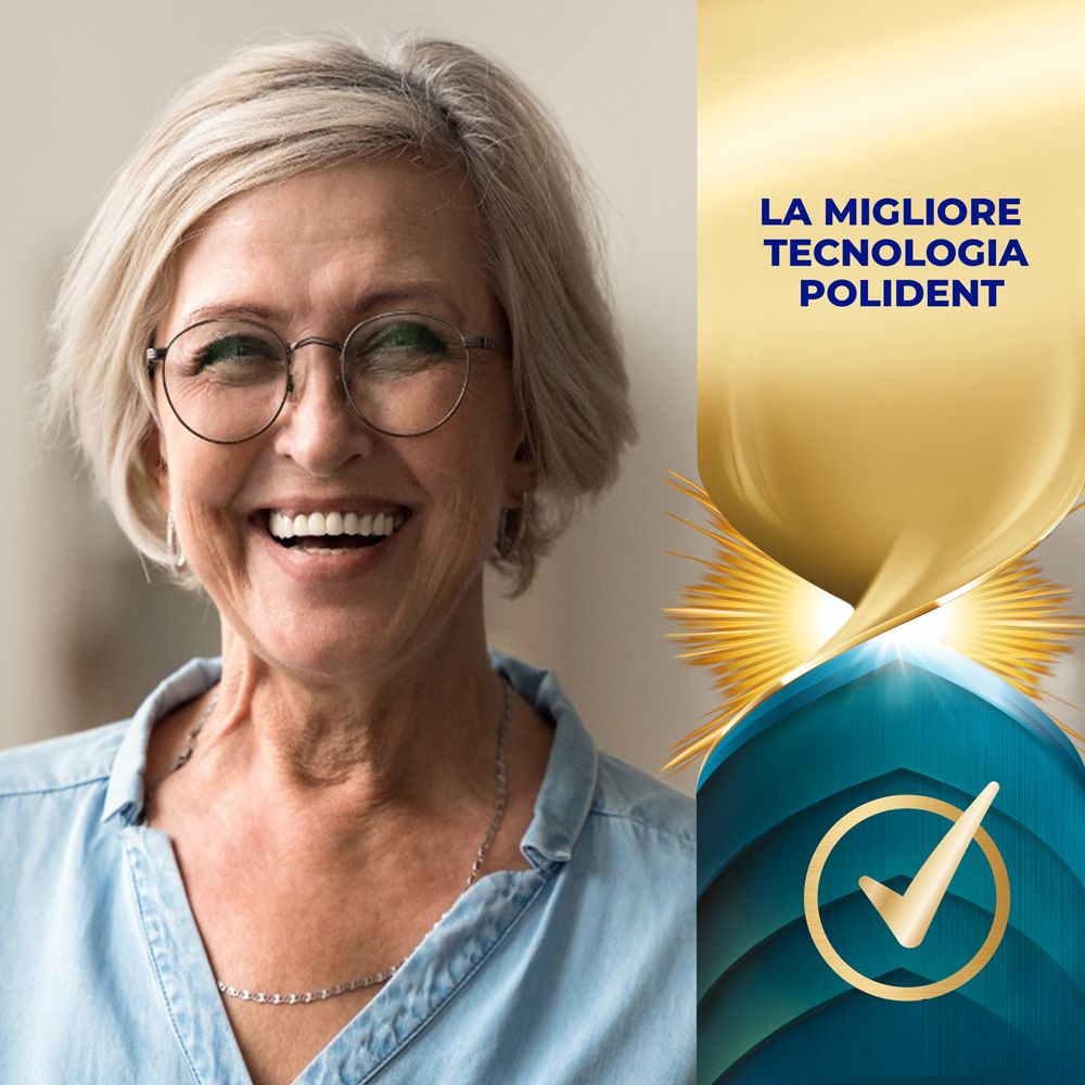 Ältere Frau mit Brille lächelt. Text: La migliore tecnologia Polident. Logo mit Häkchen.