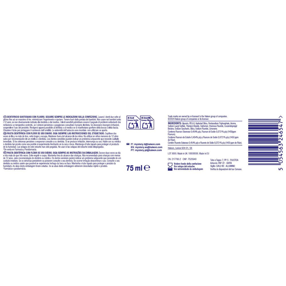 Zahncreme-Etikett mit 75 ml Inhalt, Inhaltsstoffliste und Anwendungshinweisen.