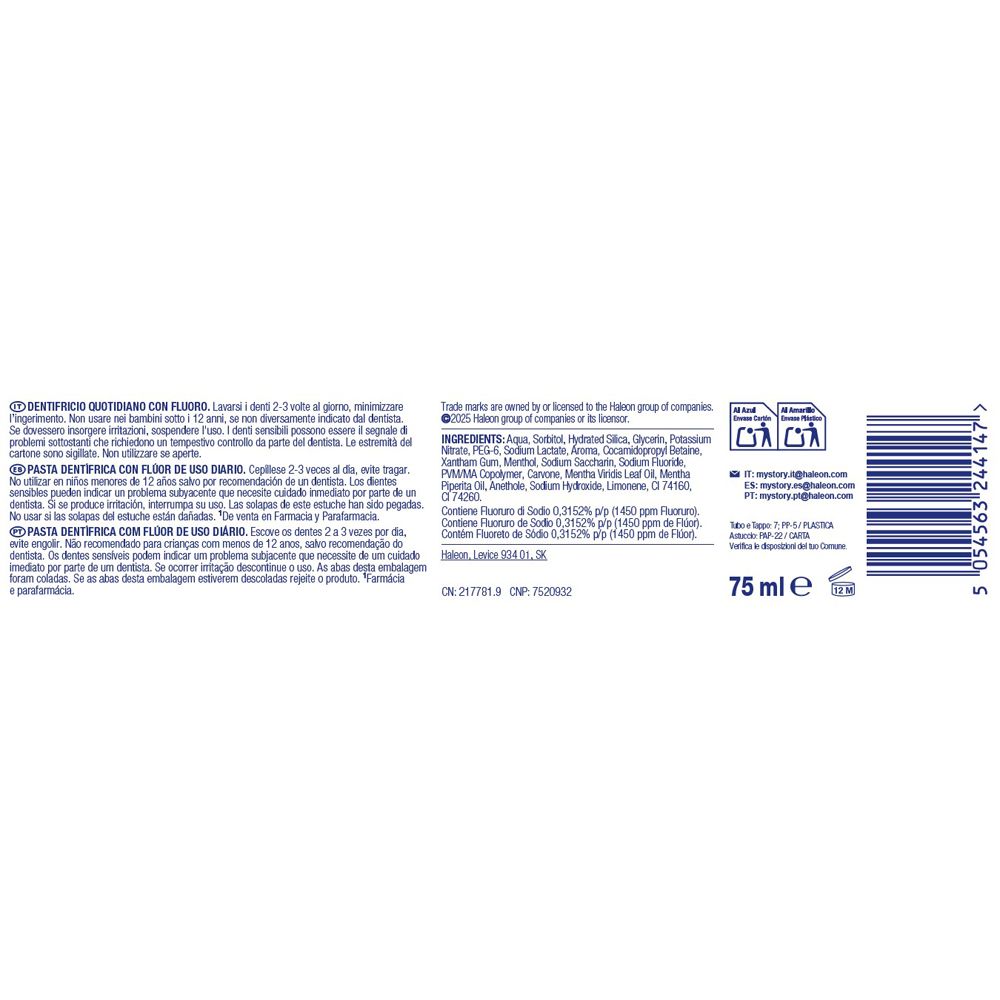Zahncreme-Verpackung mit Inhaltsstoffen und Volumenangabe 75 ml.