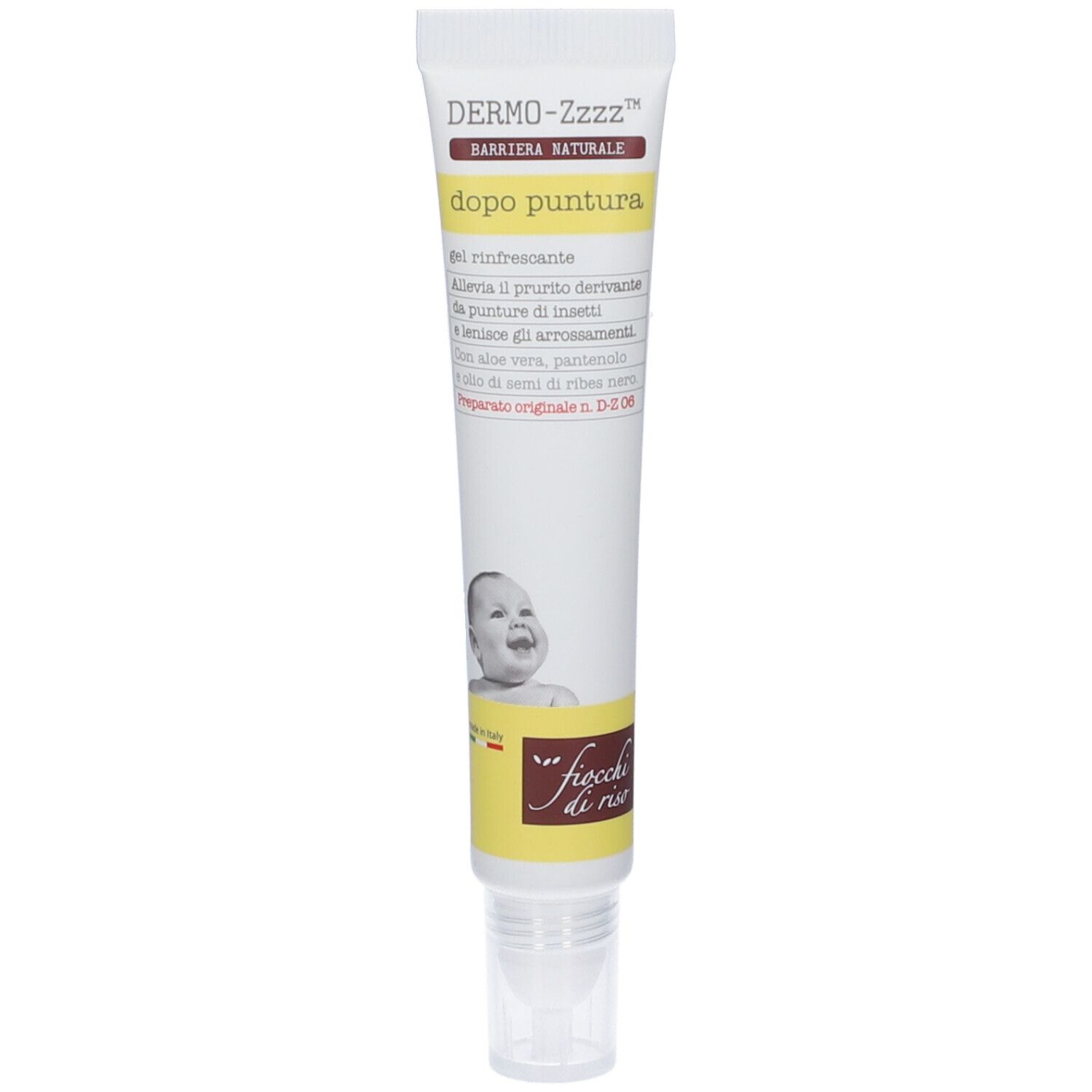 Tubo bianco con etichetta per Dermo-Zzzz Dopo Puntura, 14ml.