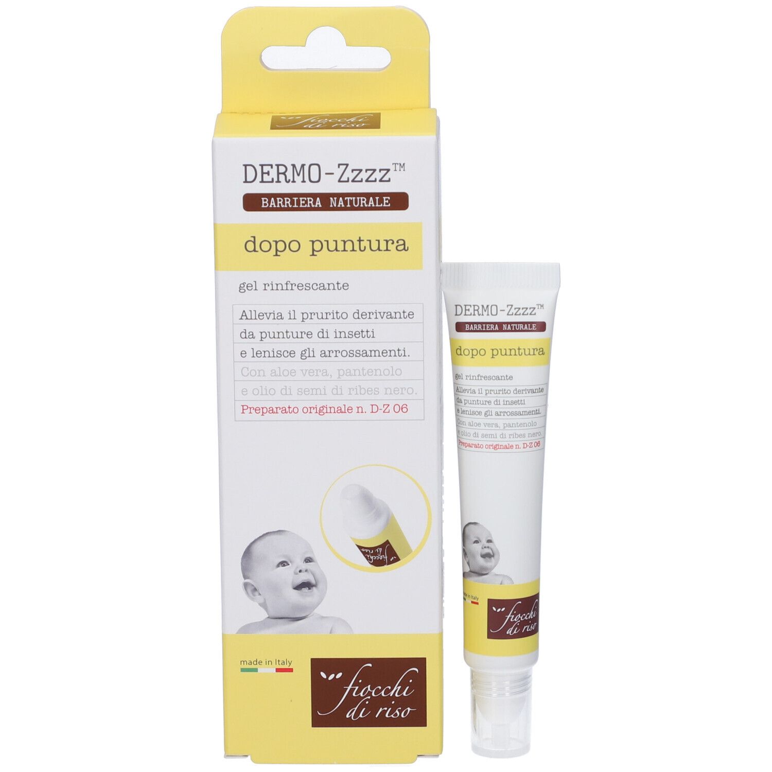 DERMO-ZZZZ Barriera Naturale dopo puntura Gel, tubo 15ml con scatola, motivo bebè.