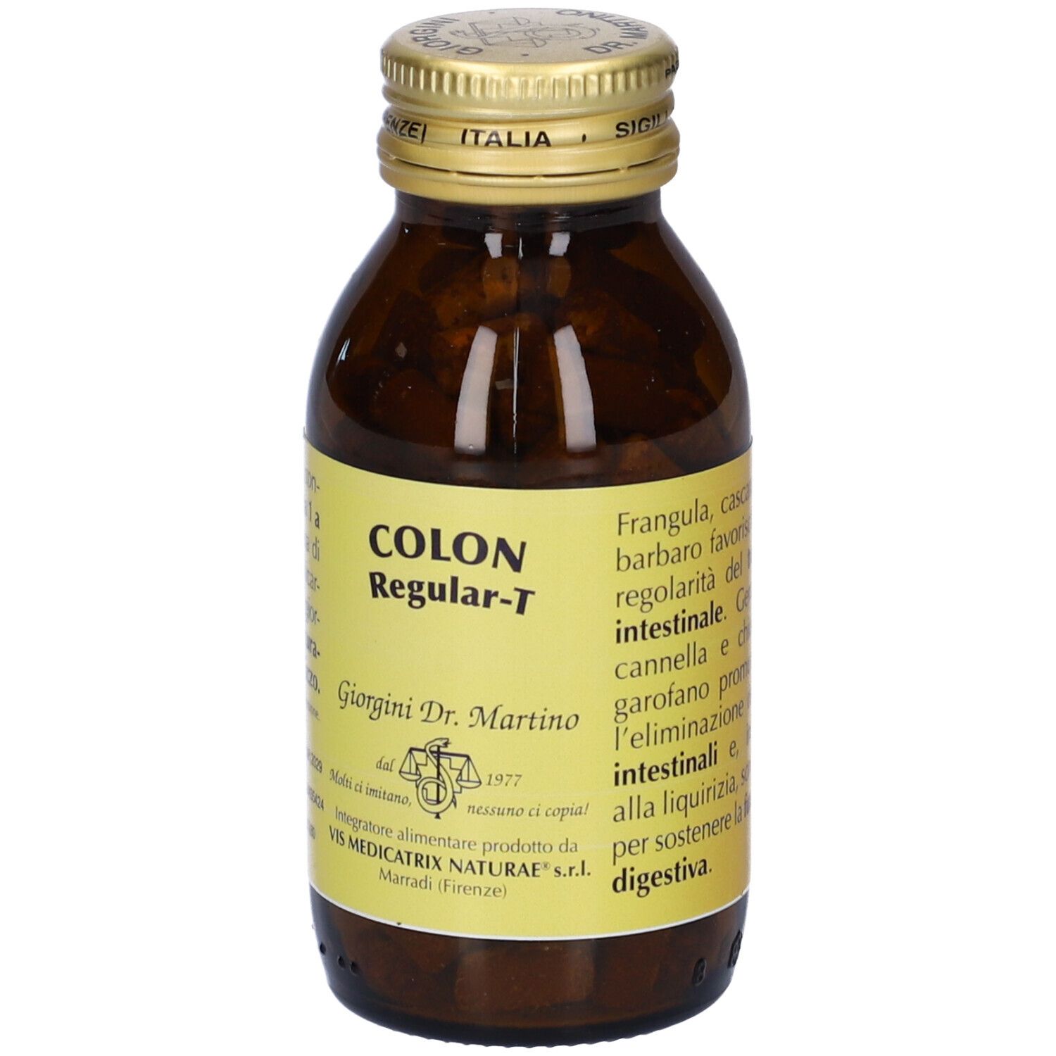Flacone in vetro marrone con etichetta gialla, pieno di compresse. Etichetta: COLON Regular-T.