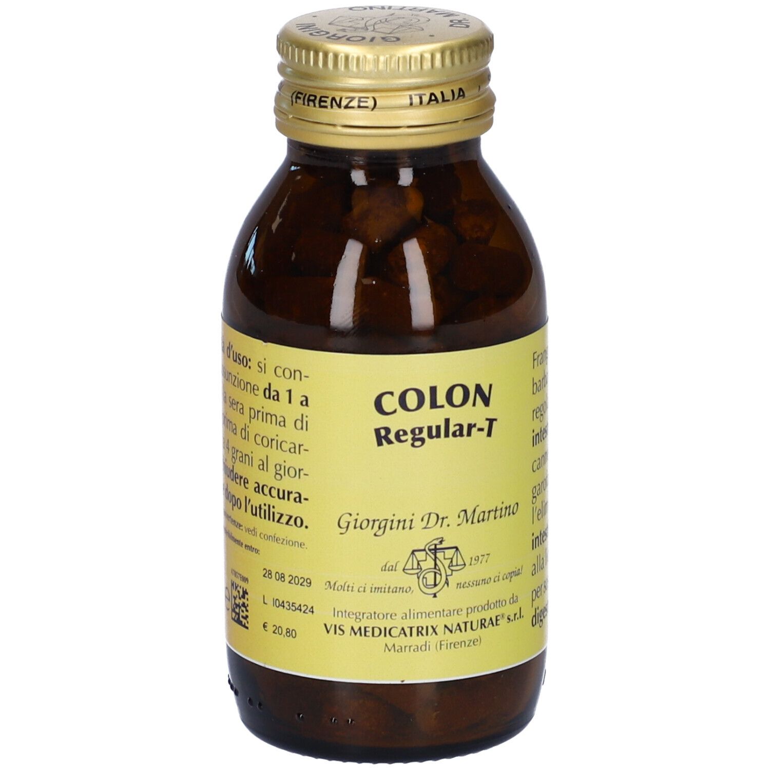 Flacone in vetro marrone con etichetta gialla, pieno di compresse. Etichetta: COLON Regular-T.