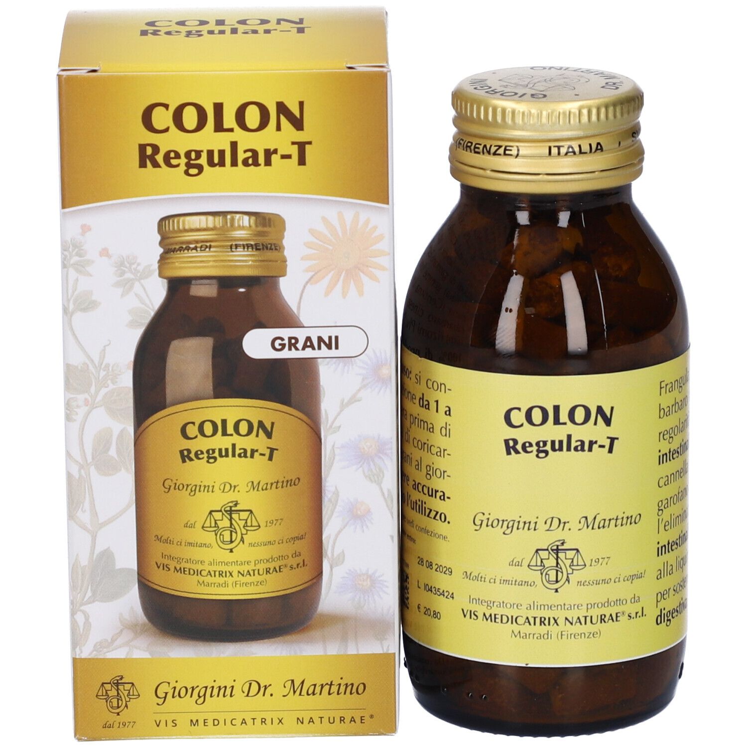Confezione e flacone COLON Regular-T. Il flacone è in vetro marrone e contiene compresse.