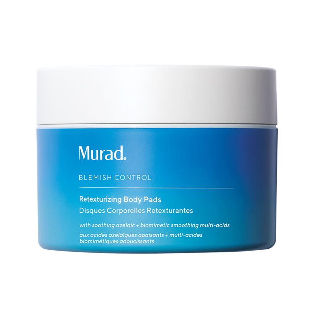 Barattolo blu e bianco Murad. Testo: Retexturizing Body Pads. Dischetti purificanti per il corpo.