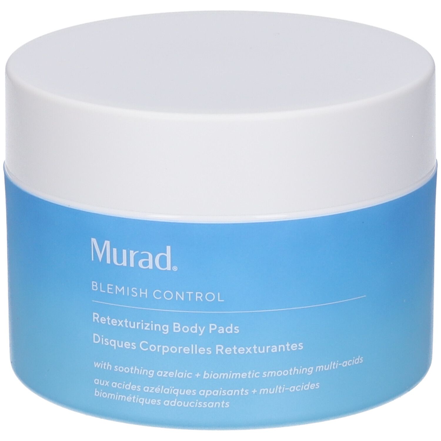 Barattolo blu e bianco Murad. Testo: Retexturizing Body Pads. Vista del prodotto.