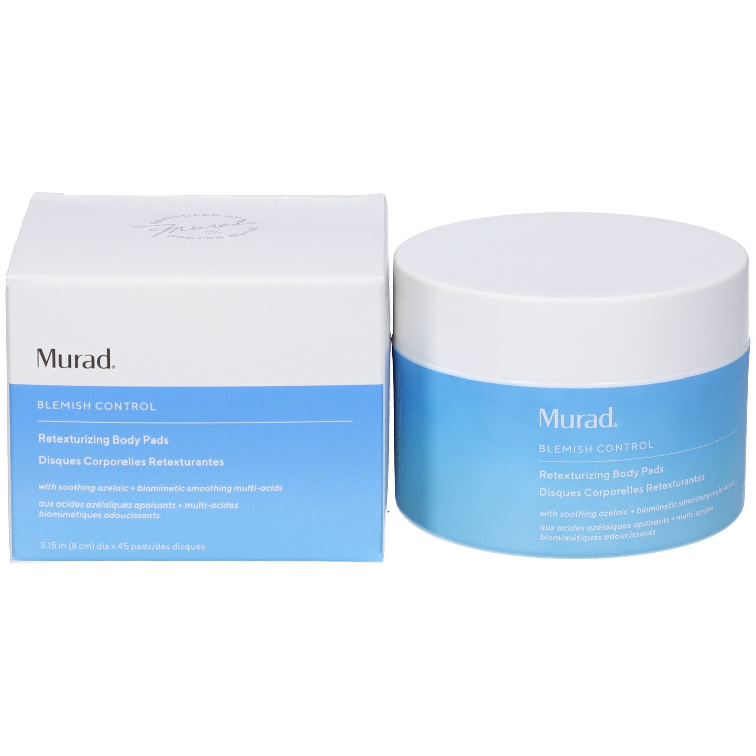 Confezione del prodotto: scatola Murad. Testo: Retexturizing Body Pads.