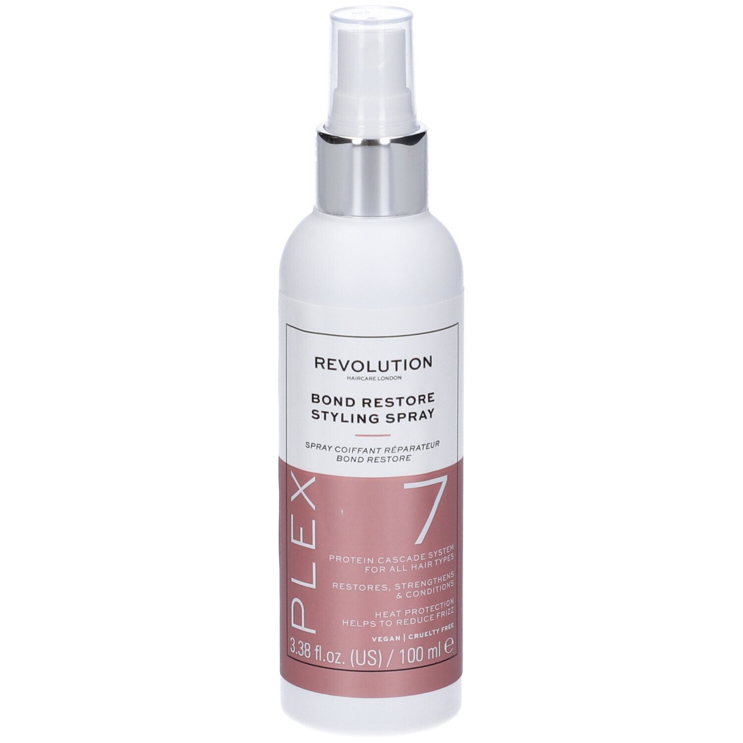 Flacone bianco con vaporizzatore. Scritta: Revolution, Bond Restore Styling Spray, Plex 7. Etichetta rosa.