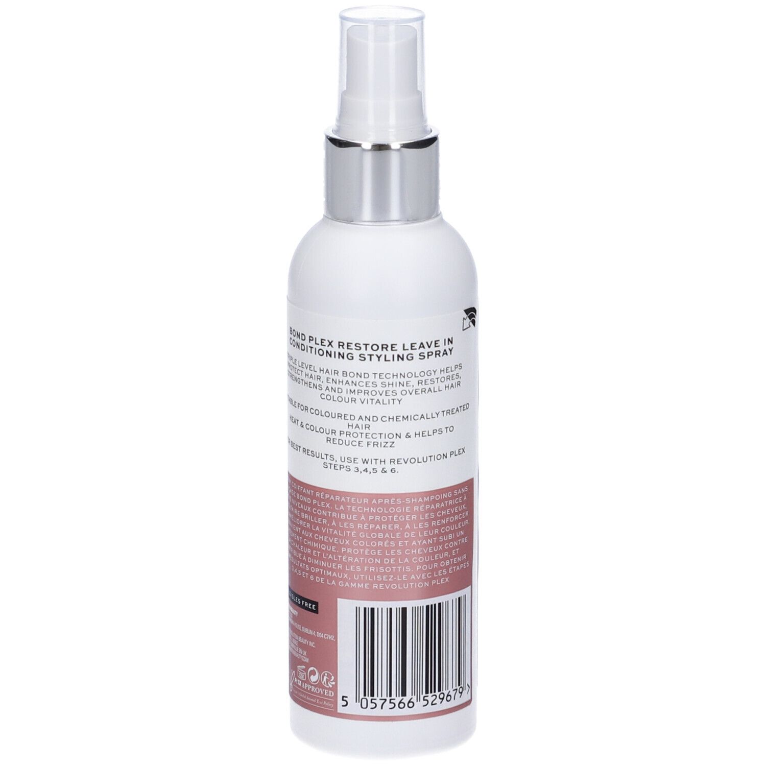 Retro di un flacone bianco con vaporizzatore. Etichetta rosa con testo e codice a barre. Testo: Bond Plex Restore Leave in.