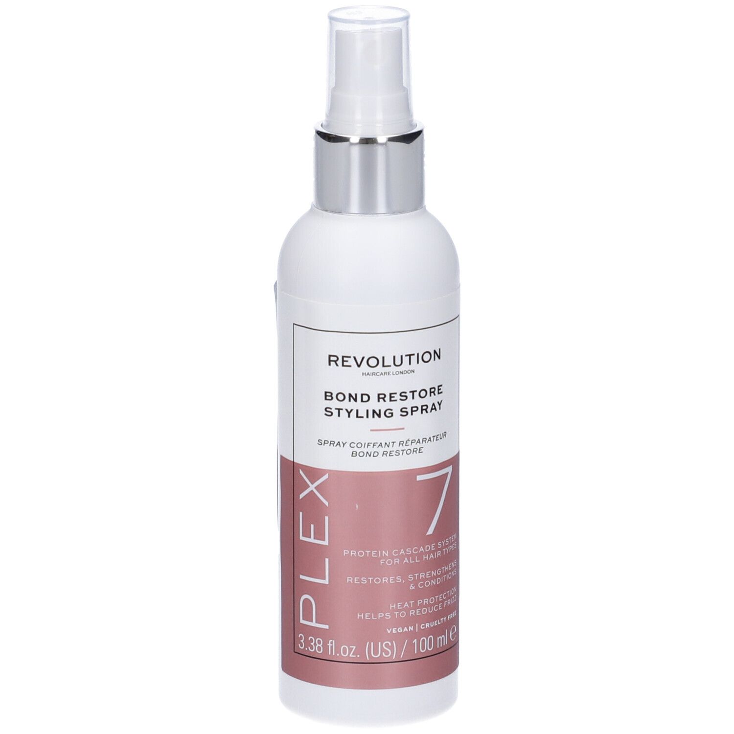 Flacone bianco con vaporizzatore. Scritta: Revolution, Bond Restore Styling Spray, Plex 7. Etichetta rosa.