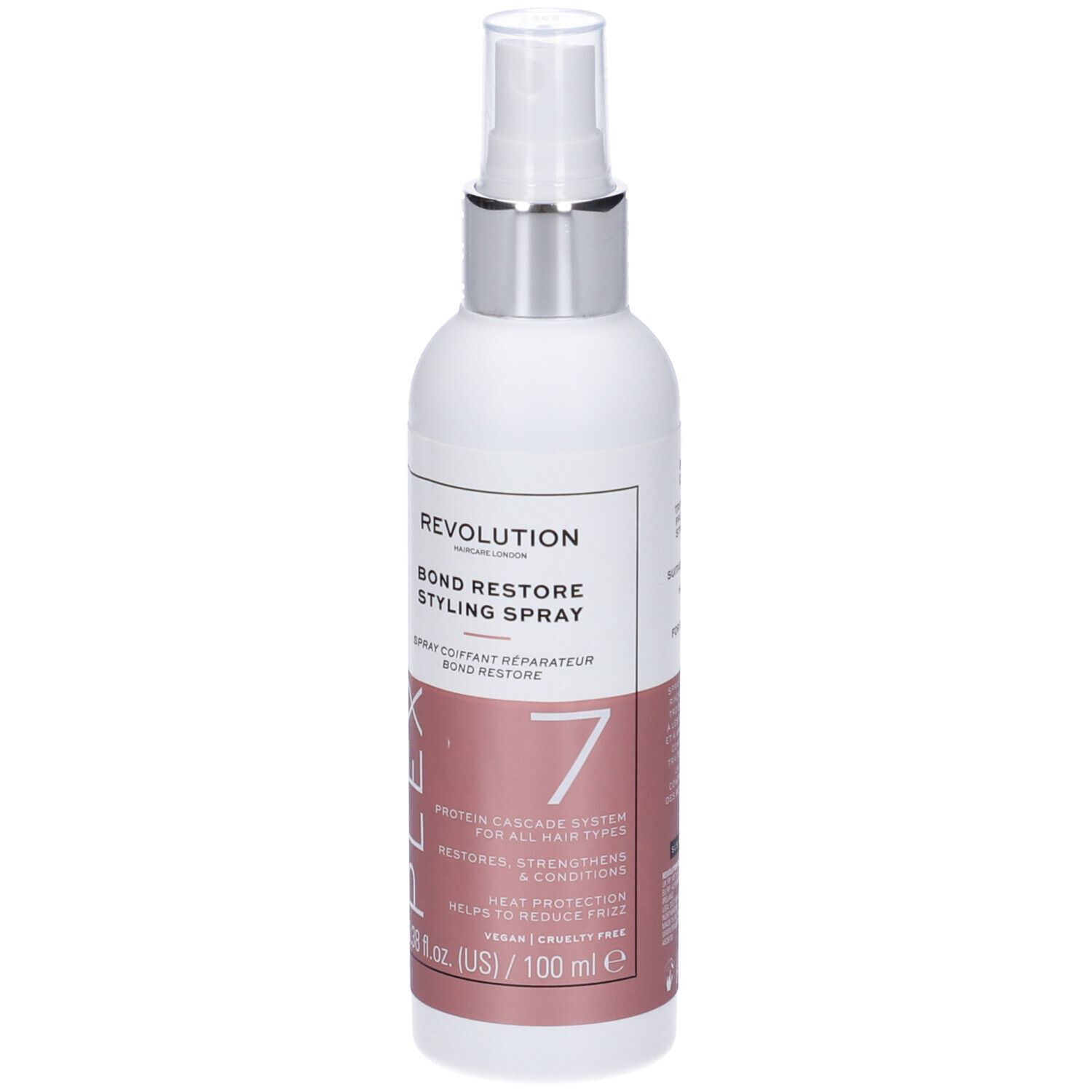 Flacone bianco con vaporizzatore. Scritta: Revolution, Bond Restore Styling Spray, Plex 7. Etichetta rosa.