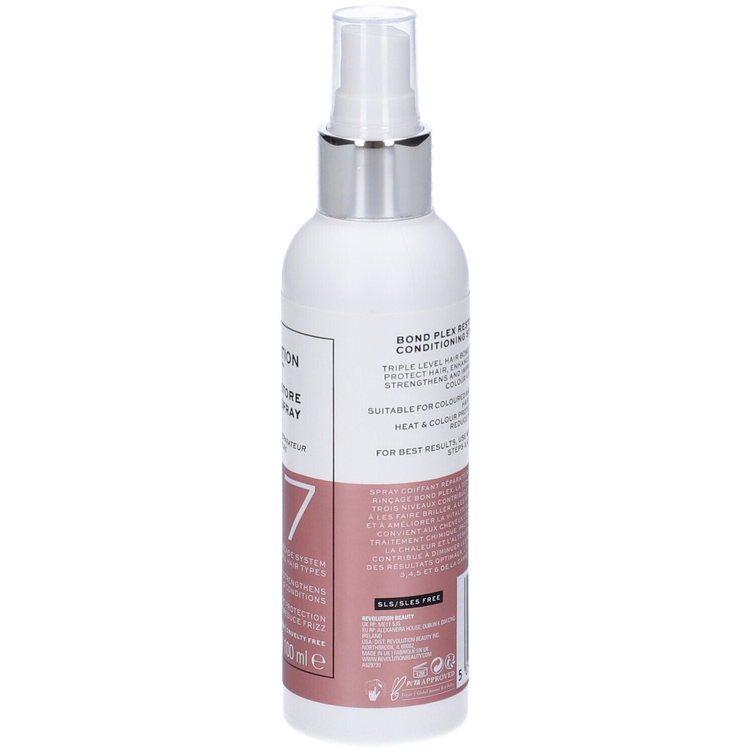 Retro di un flacone bianco con vaporizzatore. Etichetta rosa con testo. Testo: Bond Plex Restore Leave in Conditioner.