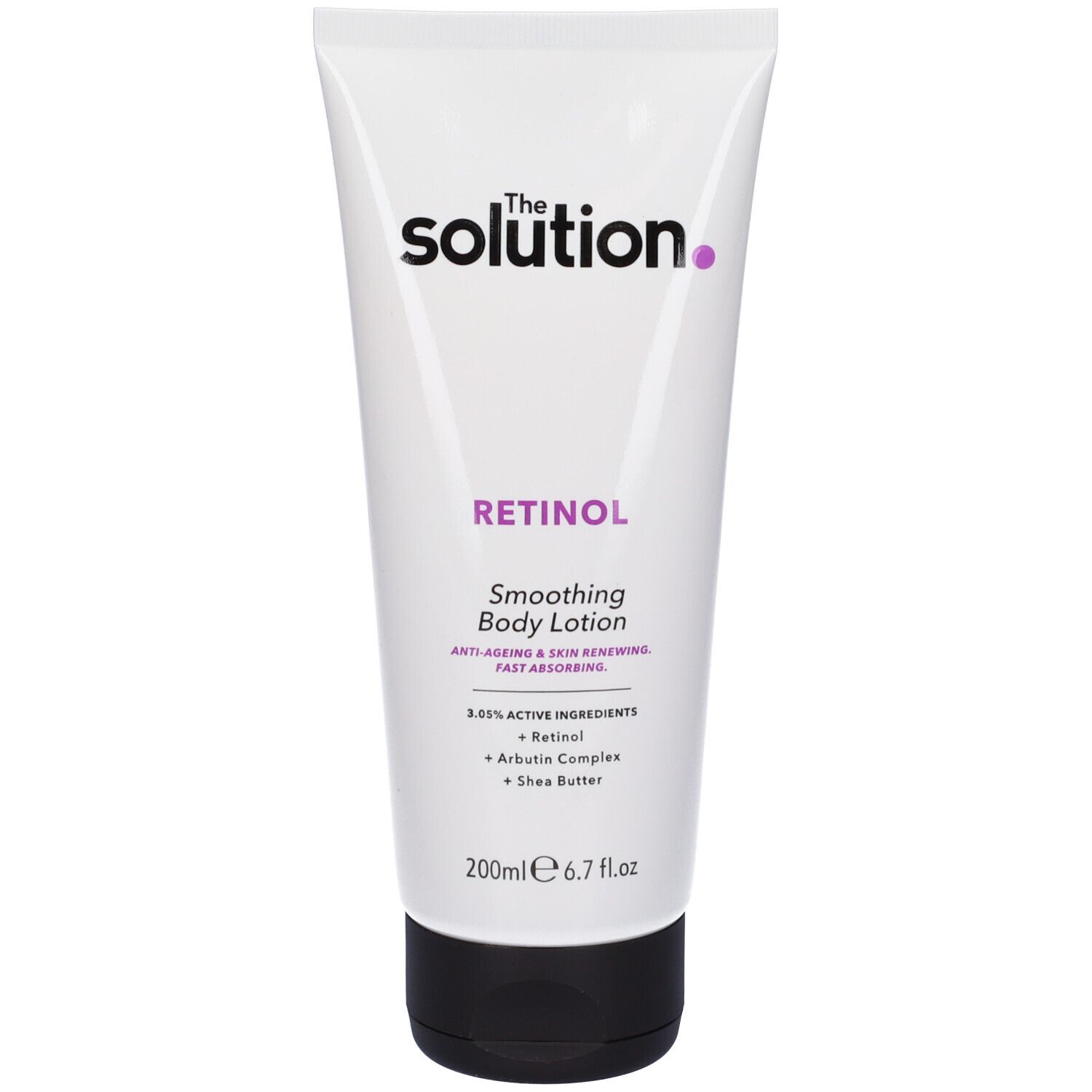 Tubo bianco con scritta viola 'The Solution' e 'Retinol'. Contiene 'Smoothing Body Lotion'.