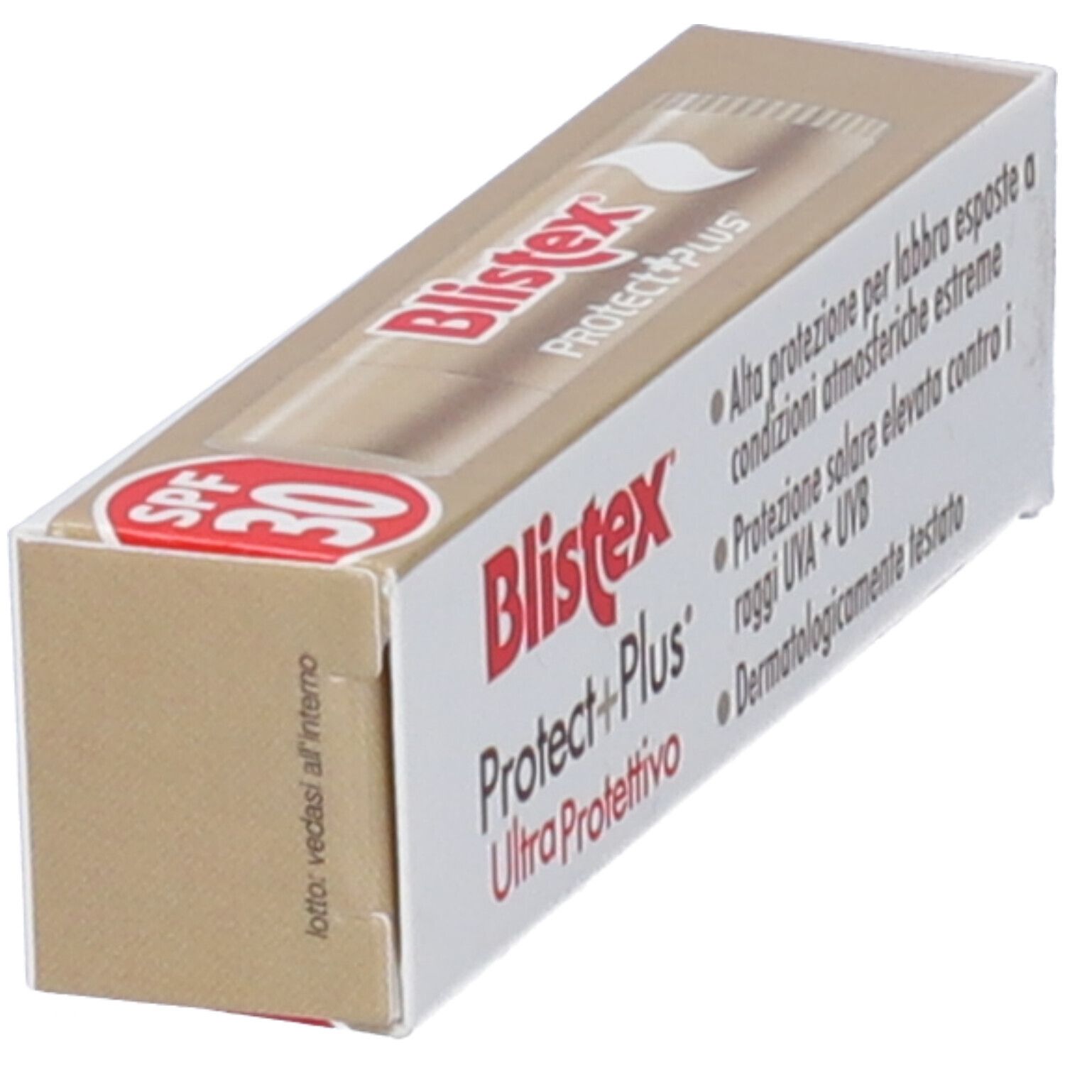 Schachtel Blistex Protect + Plus SPF 30. Goldfarbenes Design. Text: Ultra Protettivo. SPF 30-Logo.