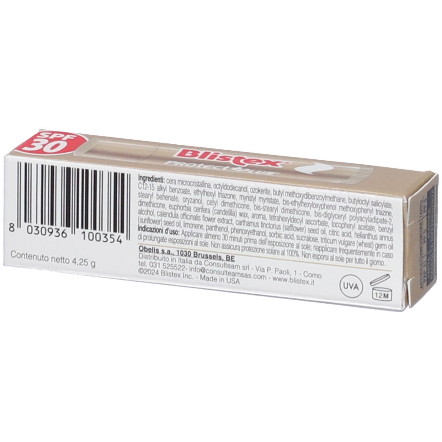 Rückseite der Blistex Protect + Plus SPF 30-Schachtel. Inhaltsstoffe, Barcode, Text. Goldfarbener Hintergrund.