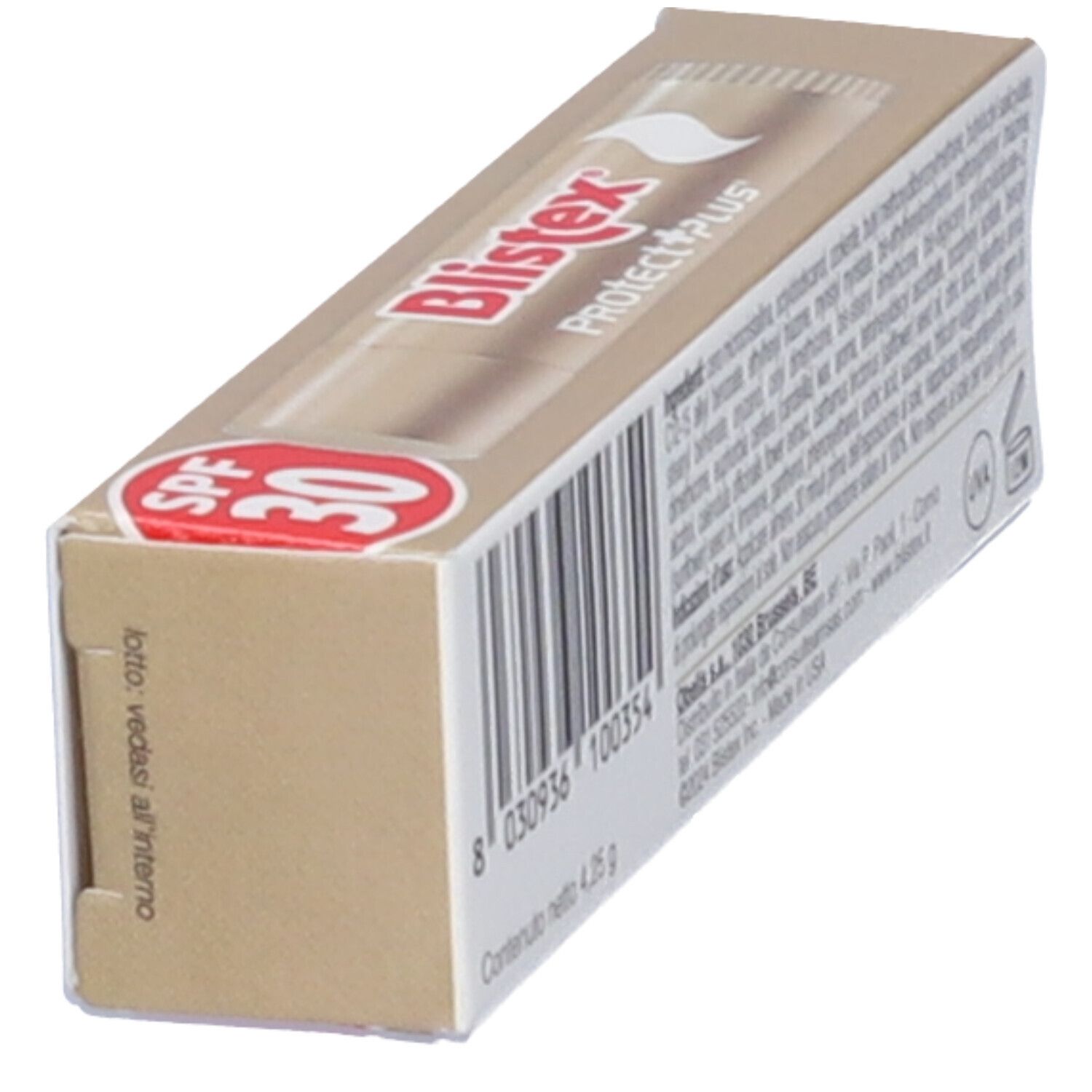 Blistex Protect + Plus SPF 30-Schachtel. Goldfarbenes Design. Text: Ultra Protettivo. Barcode und Inhaltsstoffe.