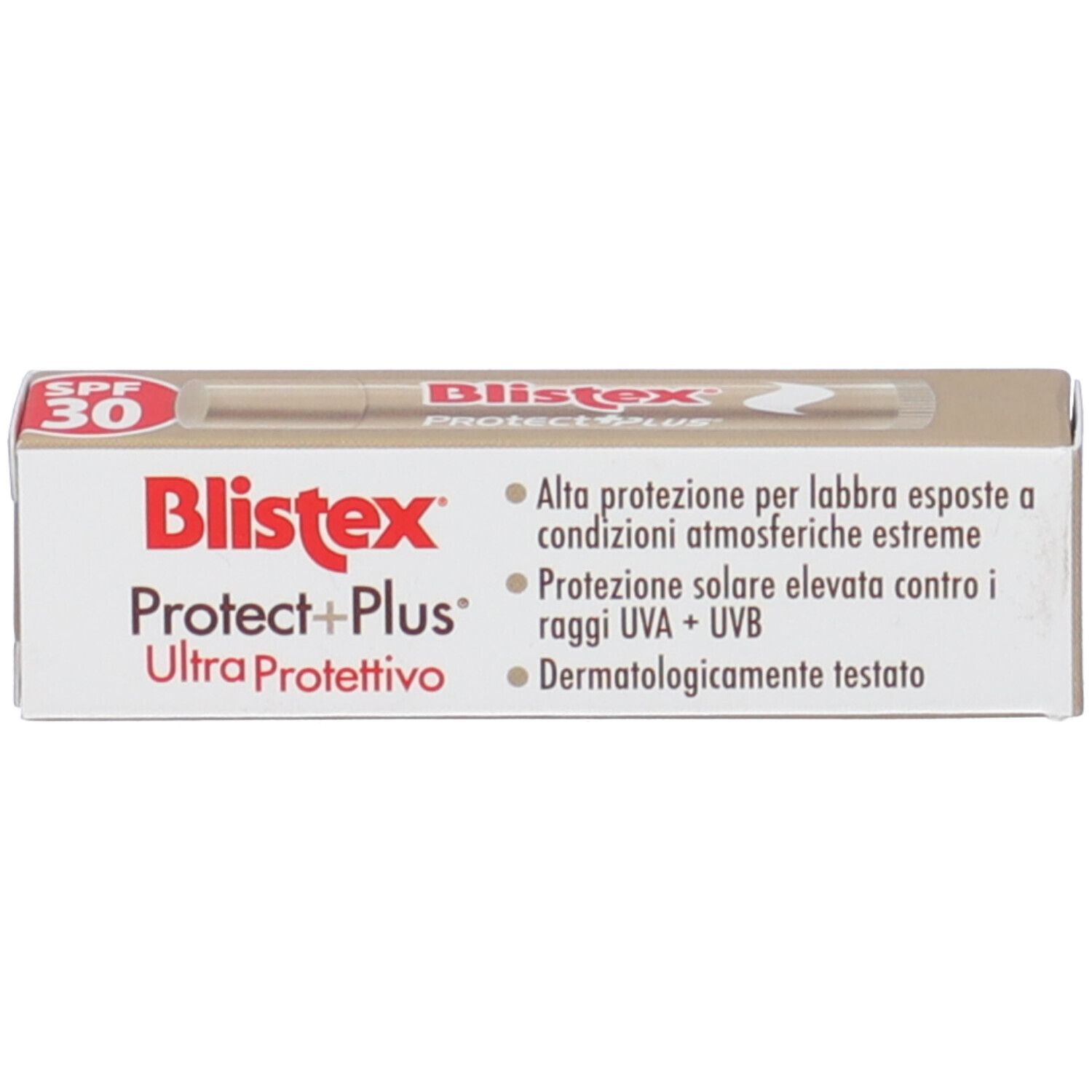 Blistex Protect + Plus SPF 30-Schachtel. Rote und weiße Schrift. Text: Ultra Protettivo. Goldfarbener Hintergrund.
