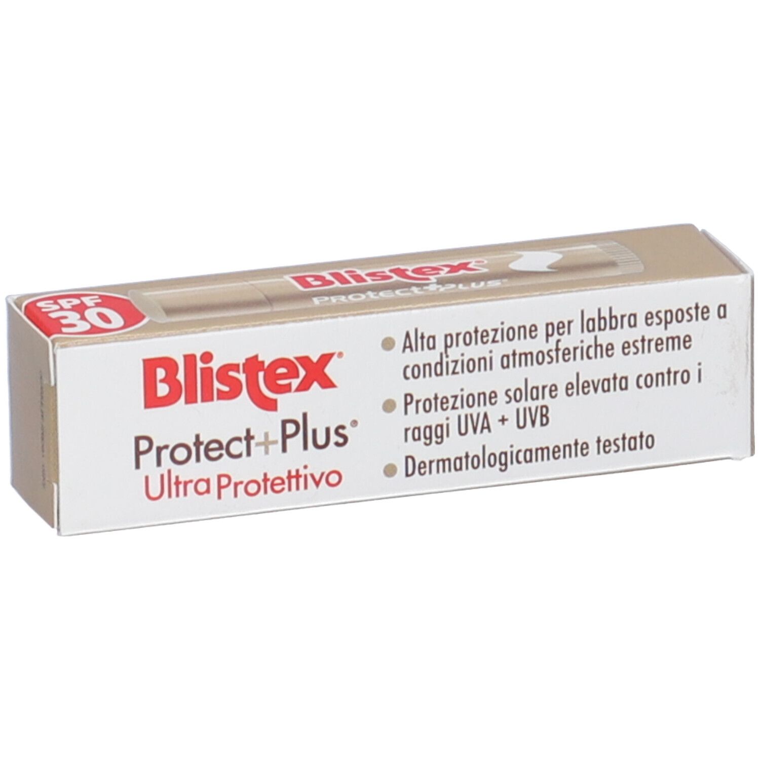Blistex Protect + Plus SPF 30-Schachtel. Rote und weiße Schrift. Text: Ultra Protettivo. Goldfarbener Hintergrund.